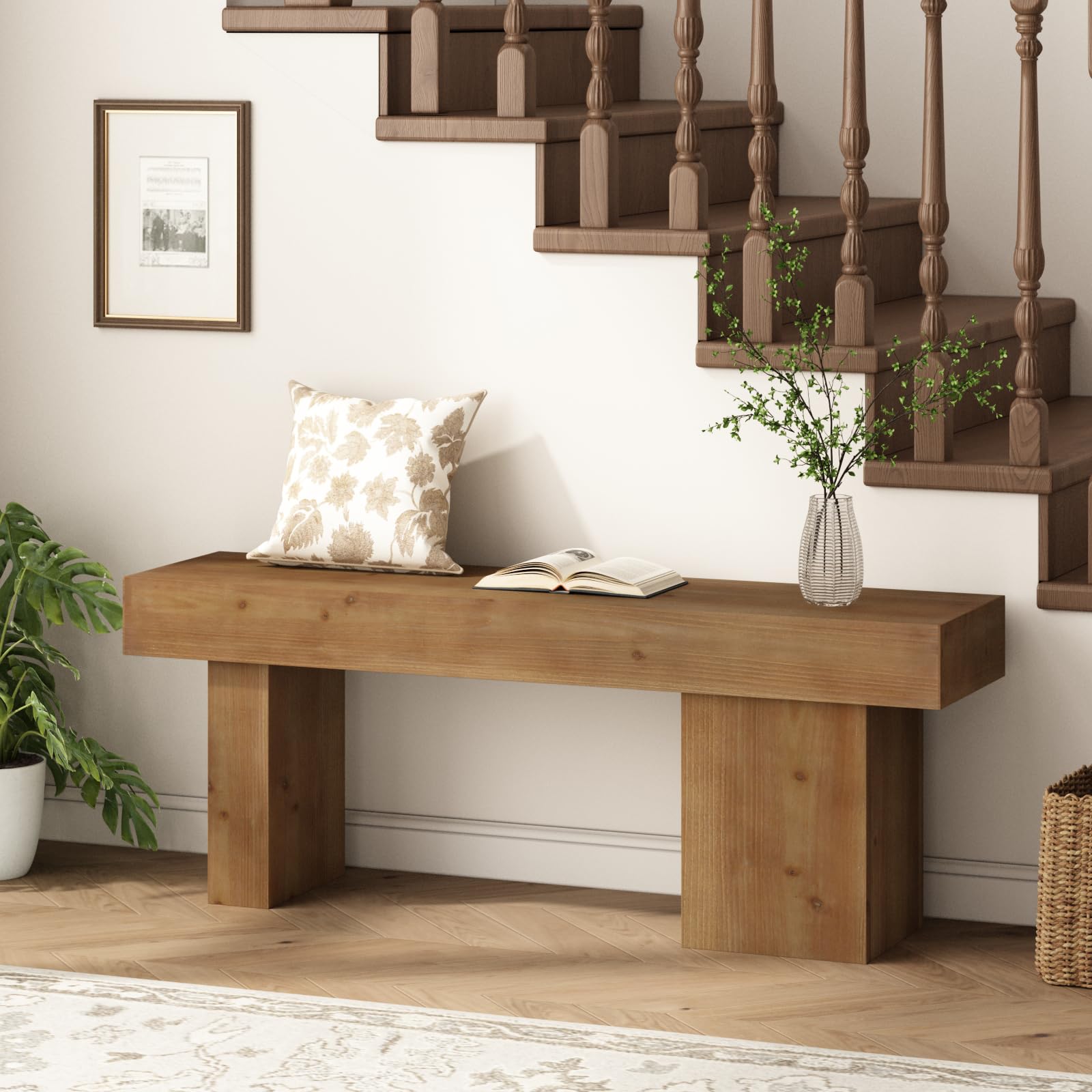 Farmhouse Solid Wood Entryway Bench, 47.3" Rustic End of Bed Bench | Thickened Hollow Legs, Handcrafted Accent Seating for Dining, Kitchen, Hallway, Living Room, Bedroom, 15 Min Assembly