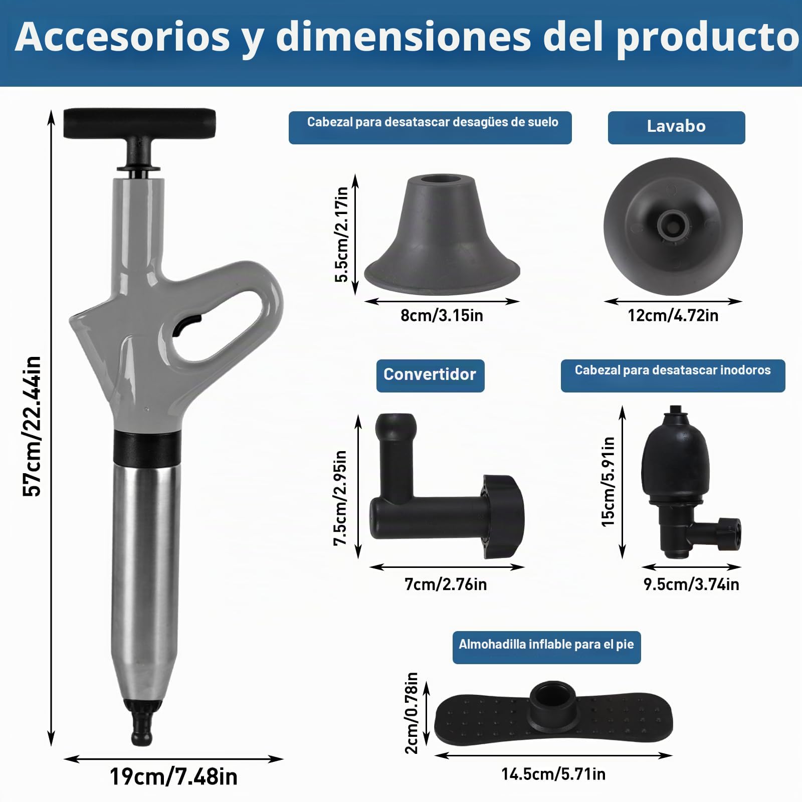 Limpiador de tuberías de aire comprimido, bomba desatascadora con compresión de aire e indicador de presión de aire, limpiador de tuberías de aire comprimido con 4 cabezales intercambiables para