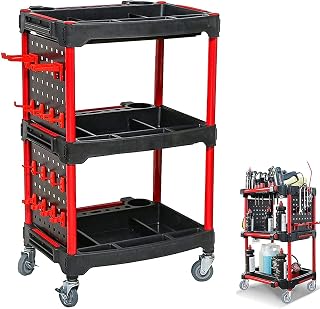 3 Tier Rolling Detailing Tool Cart,440lb Heavy Duty Car Detailing Cart,Car Wash Detail Trolley with 2 Hanging Plate,Hooks,for Warehouse/Garage Repairs,Company Cleaning,Car Beauty Shop