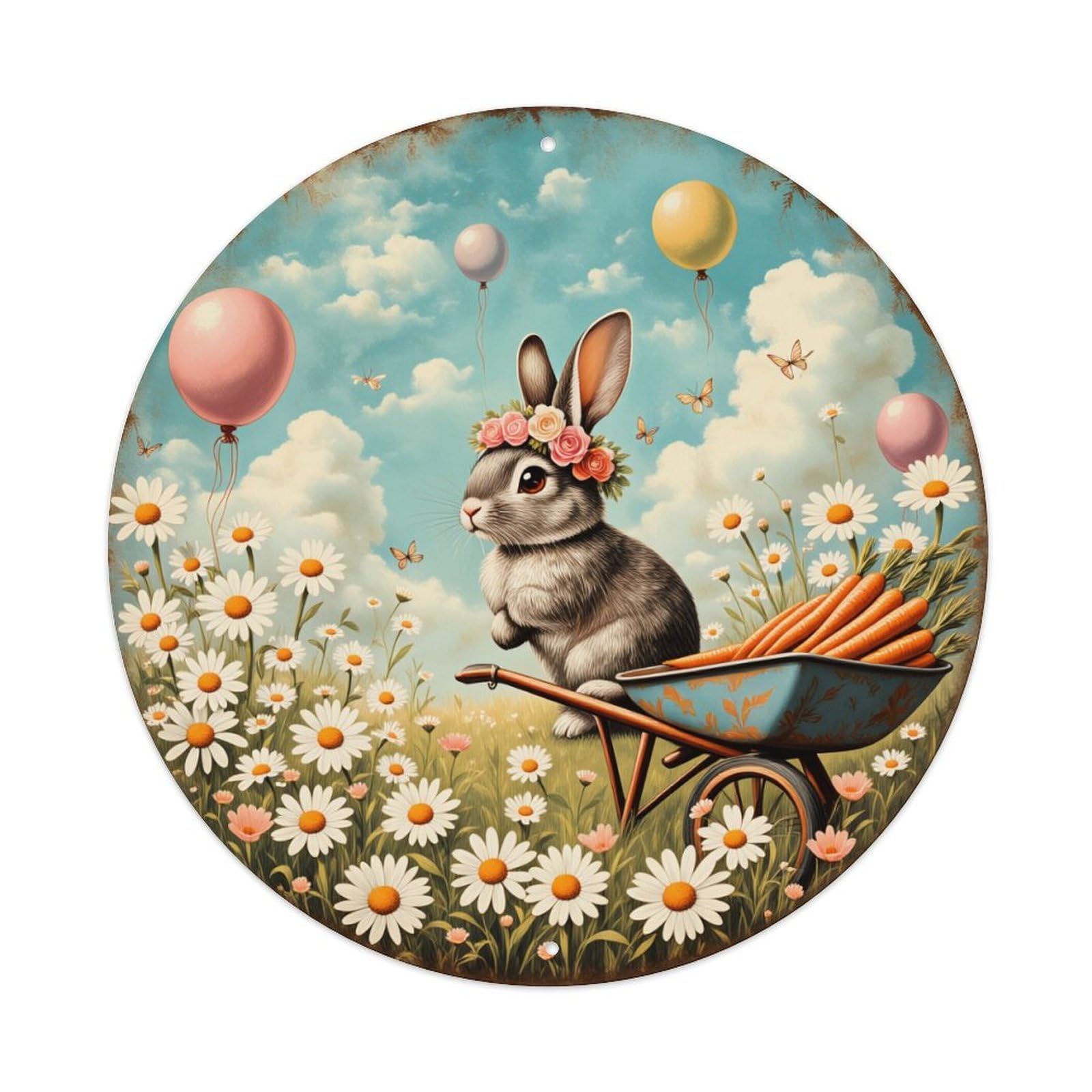 Bunny Carrot Balloon Daisy Field Vintage Round Tin Sign Retro Metal Wall Decor Metal Poster, Home Bar Garage Cafe Wall Art Decoration 8x8Inches