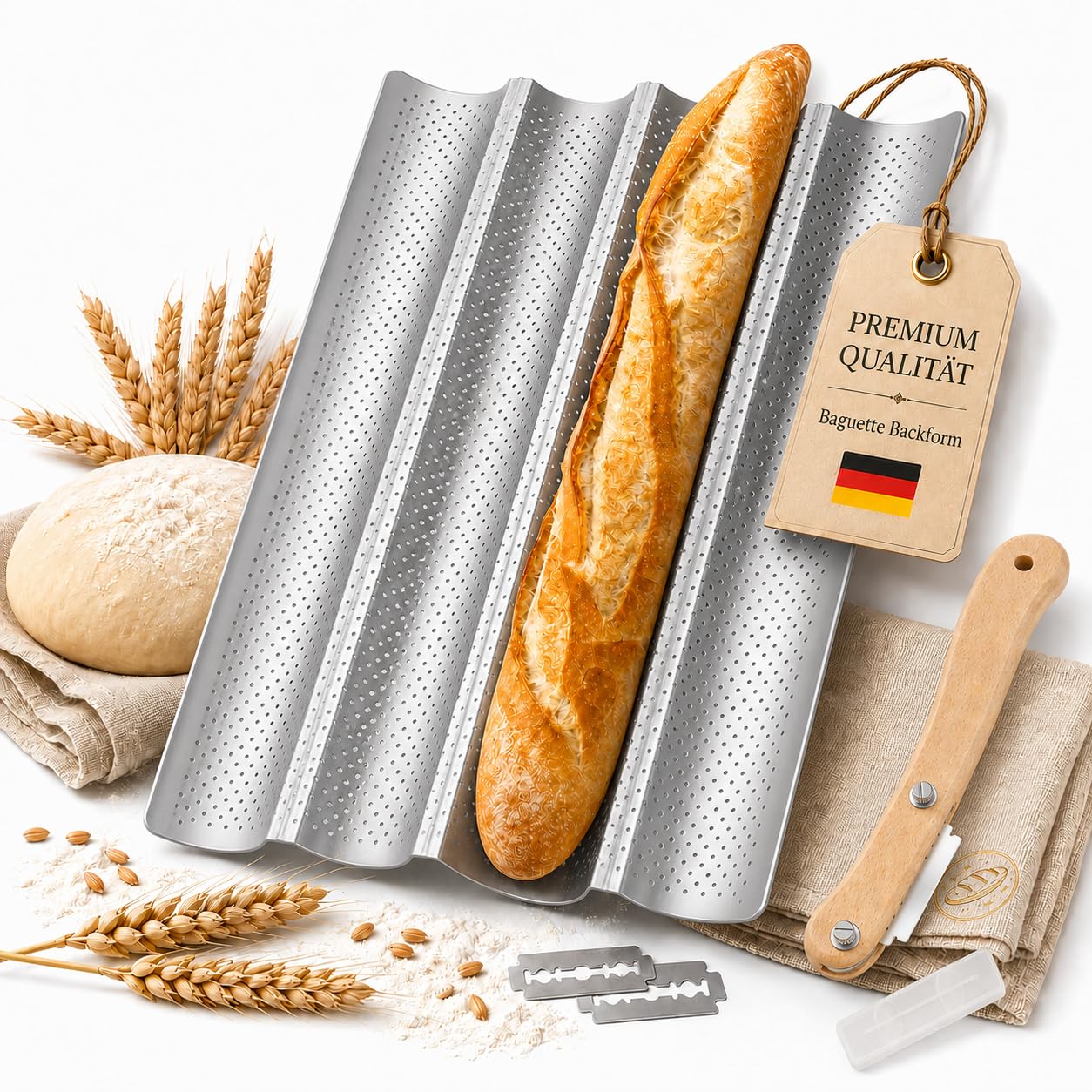 Stampo da forno antiaderente con cotone, panno da forno in tela e coltello per impasto, 4 scomparti, teglia da forno per baguette in acciaio al carbonio, forma perforata, ideale come stampo