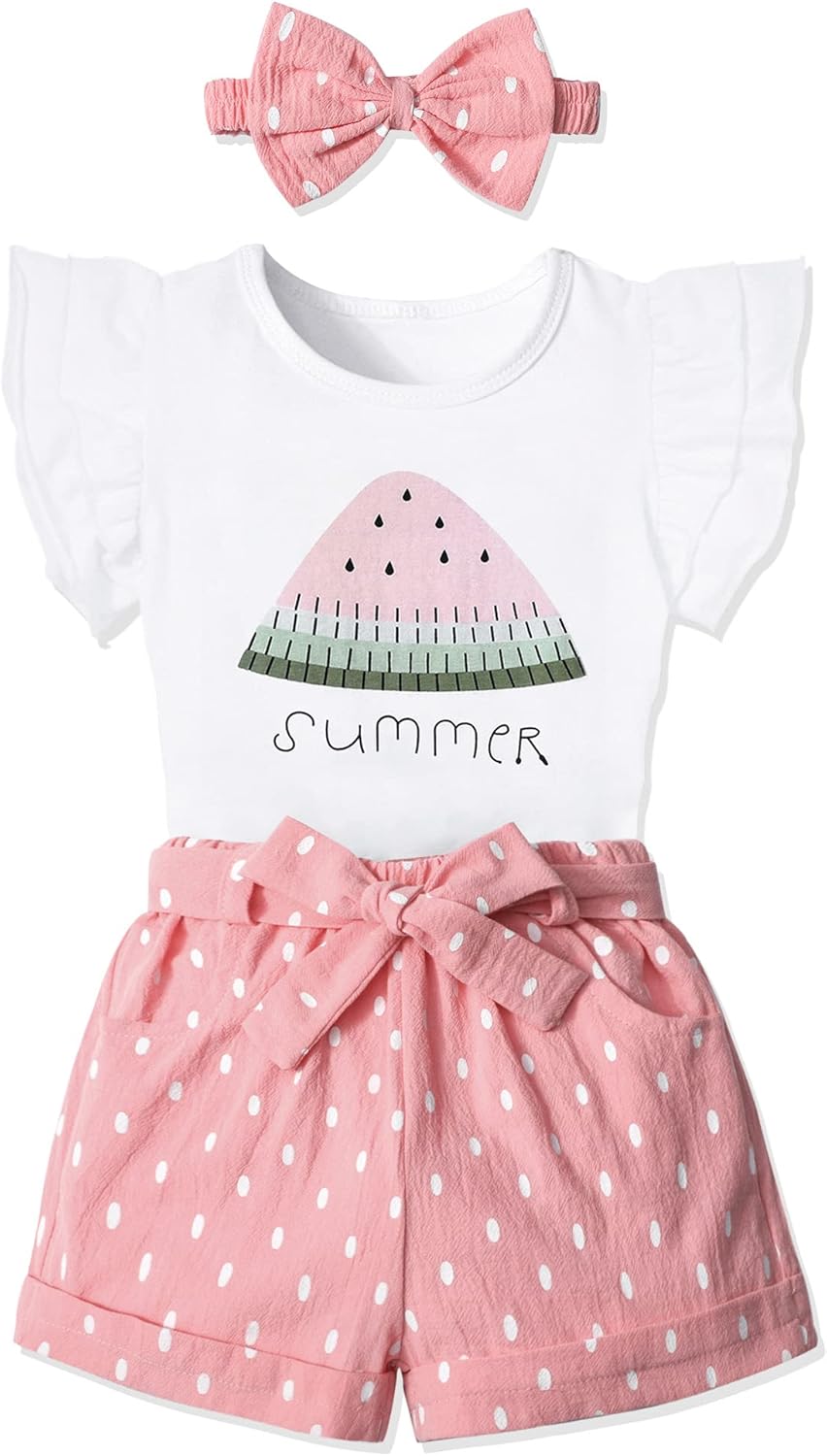 MIGU Toddler Girl Clothes Summer Girls Clothing Sets Girl Stuff T-shirt Shorts Headband 3pcs Sets Gifts…