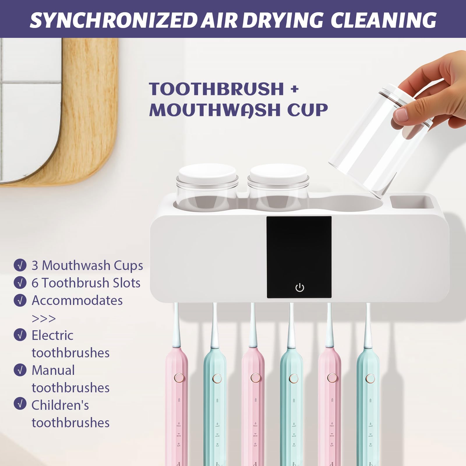 Sterilizzatore Portaspazzolino UV, Supporto per Spazzolini da Denti a Parete Porta Elettrico con Asciugatura e Disinfezione Portaspazzolino da Parete Senza Foratura con 6 slot e 3 tazze，Bianco