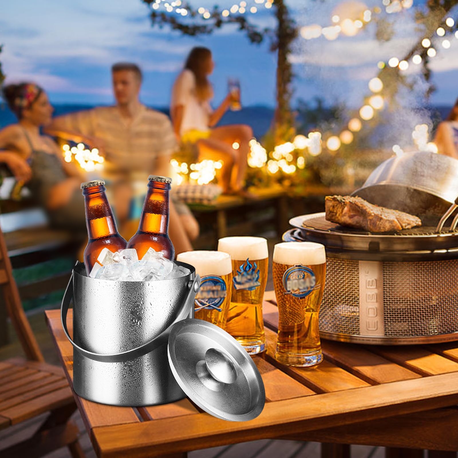 Contenitore per cubetti di ghiaccio, in acciaio inox, con coperchio, pinza e manico, 2 l, secchio isolato, ideale per il raffreddamento di birra, champagne