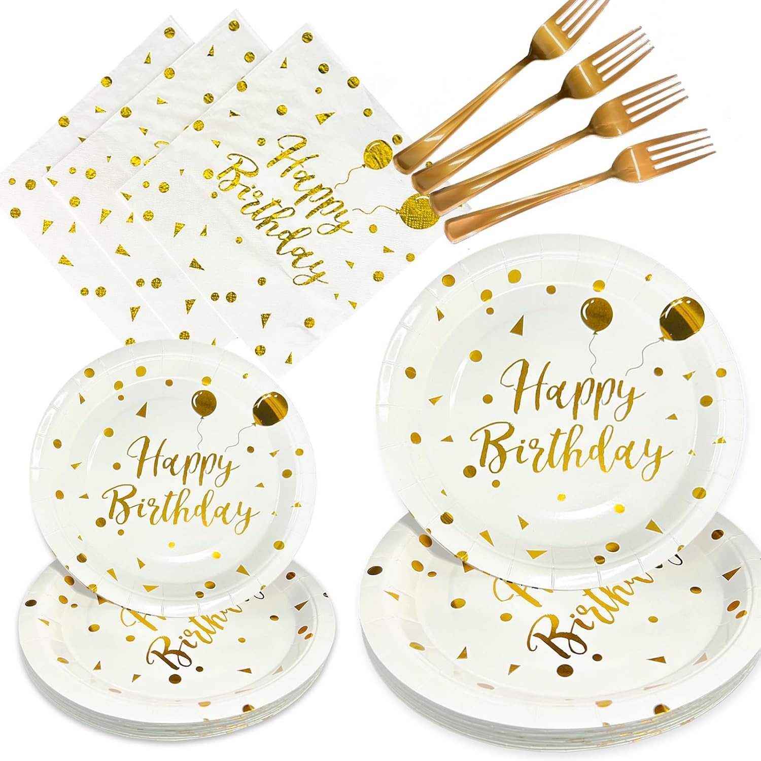 96 PCS White Gold Happy Birthday Plates and Napkins Party