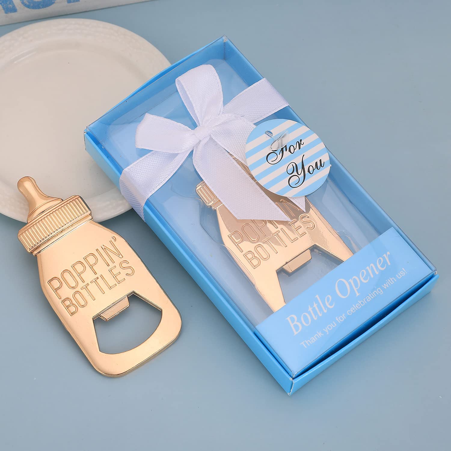 Flaschenöffner für Babypartys, Gastgeschenk für Gäste, niedlicher Flaschenöffner in Poppin-Form, Gastgeschenke für Babyparty, Souvenirzubehör und Dekorationen für Jungen oder Mädchen (echtes Blau, 6)