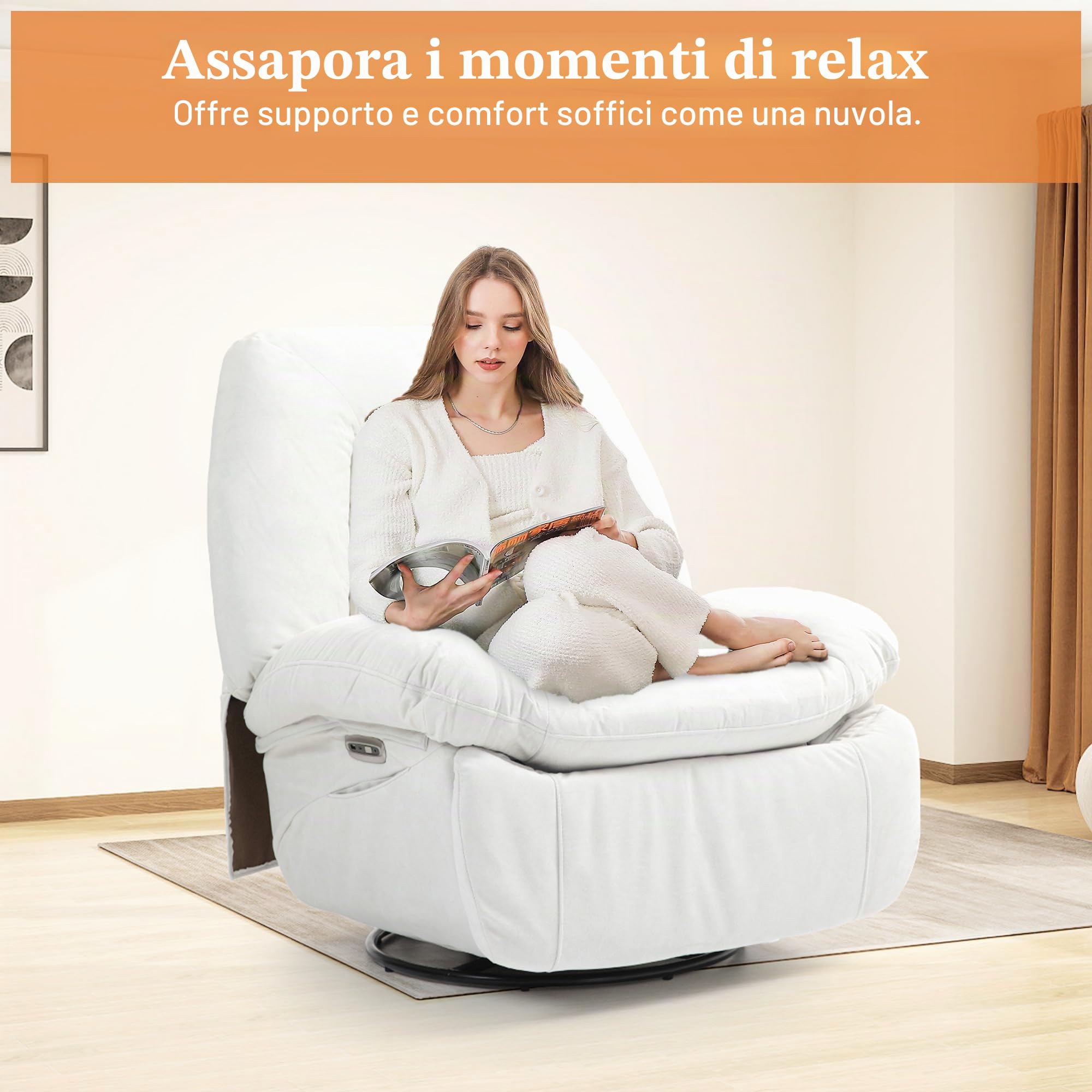 Poltrona relax elettrica per massaggio, riscaldamento vibrazionale, girevole con connettori tipo C e USB, 1 tasche laterali, poltrona reclinabile per TV, soggiorno (Bianco)