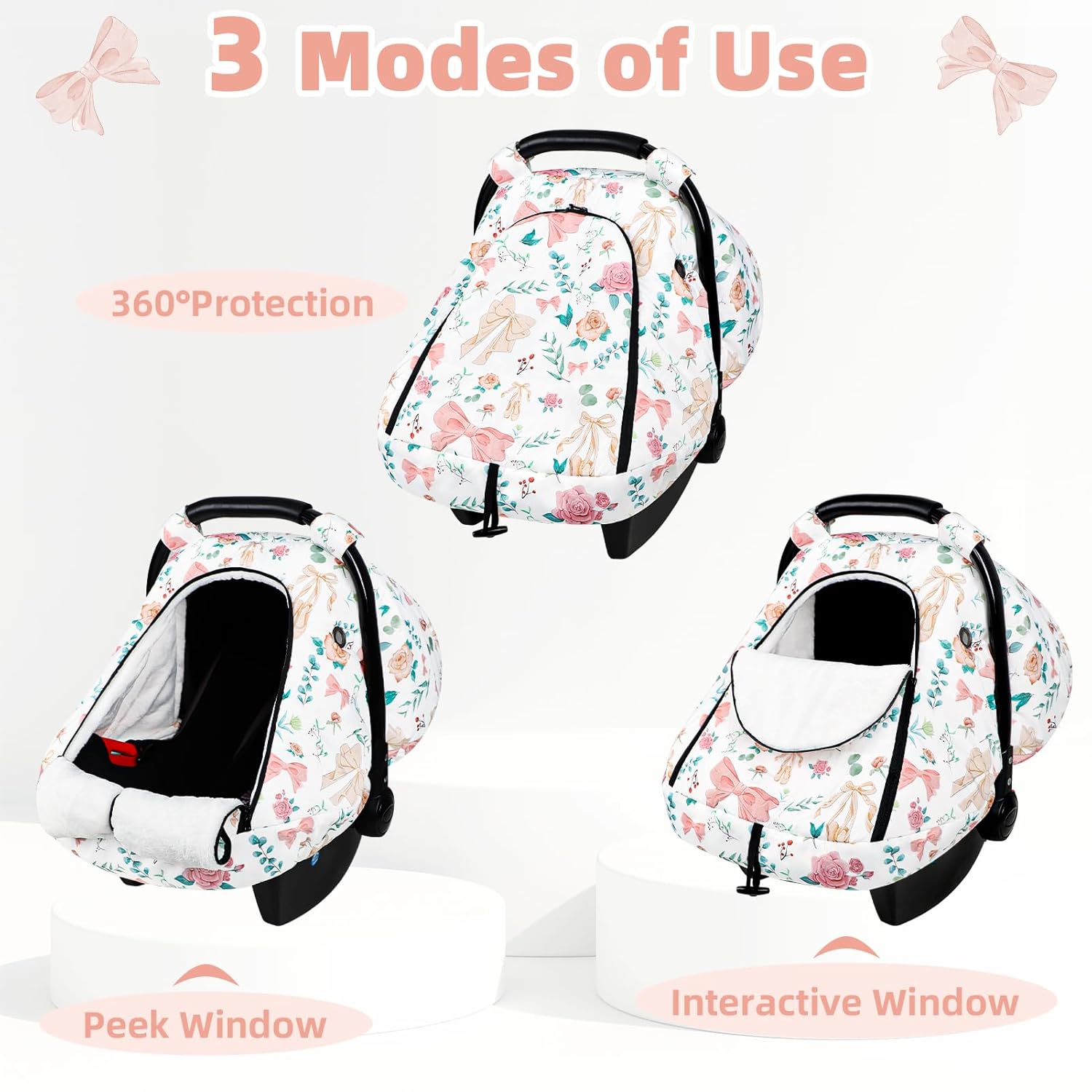 Winter Car Seat Cover Baby, GFU Warm Carseat Cover for Babies, Universal Infant Car Seat Canopy Waterproof, Cold Weather Shield Coats Pink Bow