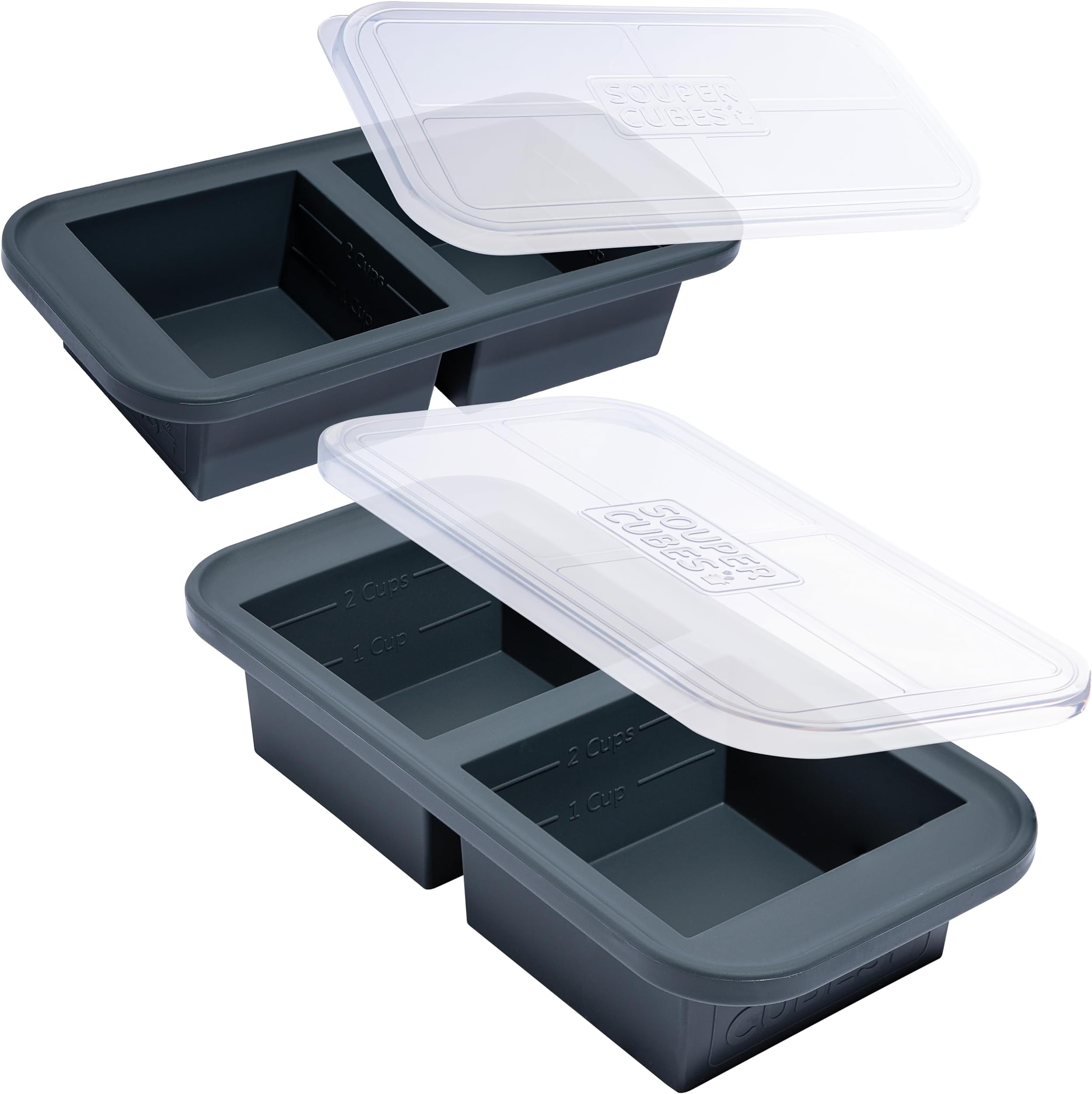 Souper Cubes Bandeja para congelador de silicona extragrande de 2 tazas con tapa, paquete de 2, hace 4 porciones perfectas de 2 tazas, congelar sopa, guiso, salsa o comidas (bandeja de 2 tazas, color