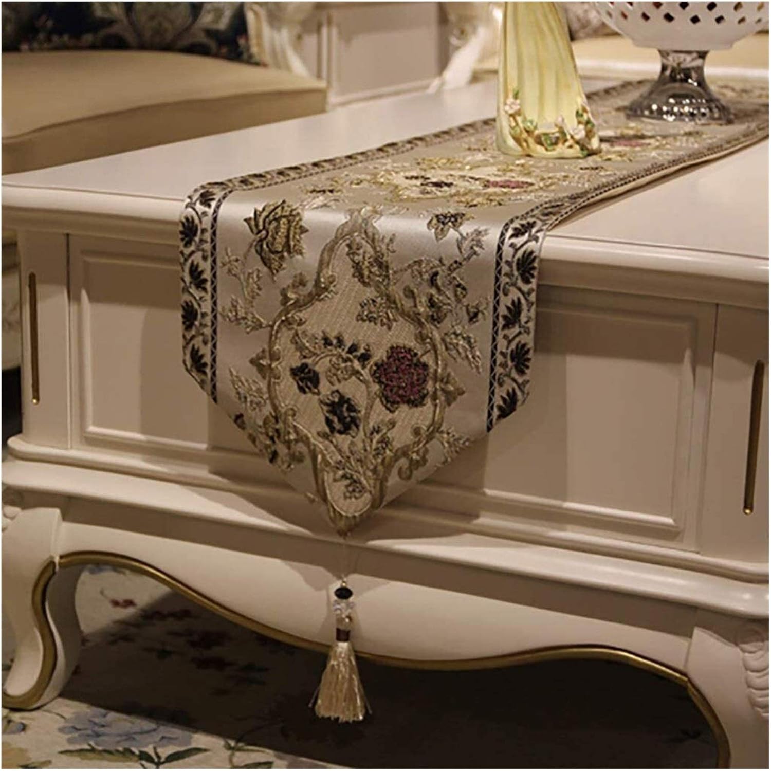 Home Kitchen Table Runners Antique Gold Christmas Table Runner Fabric Floral Damask Table Runners Dresser Scarves with Tassels Gourmet Dressing (Beige 32*210cm)
