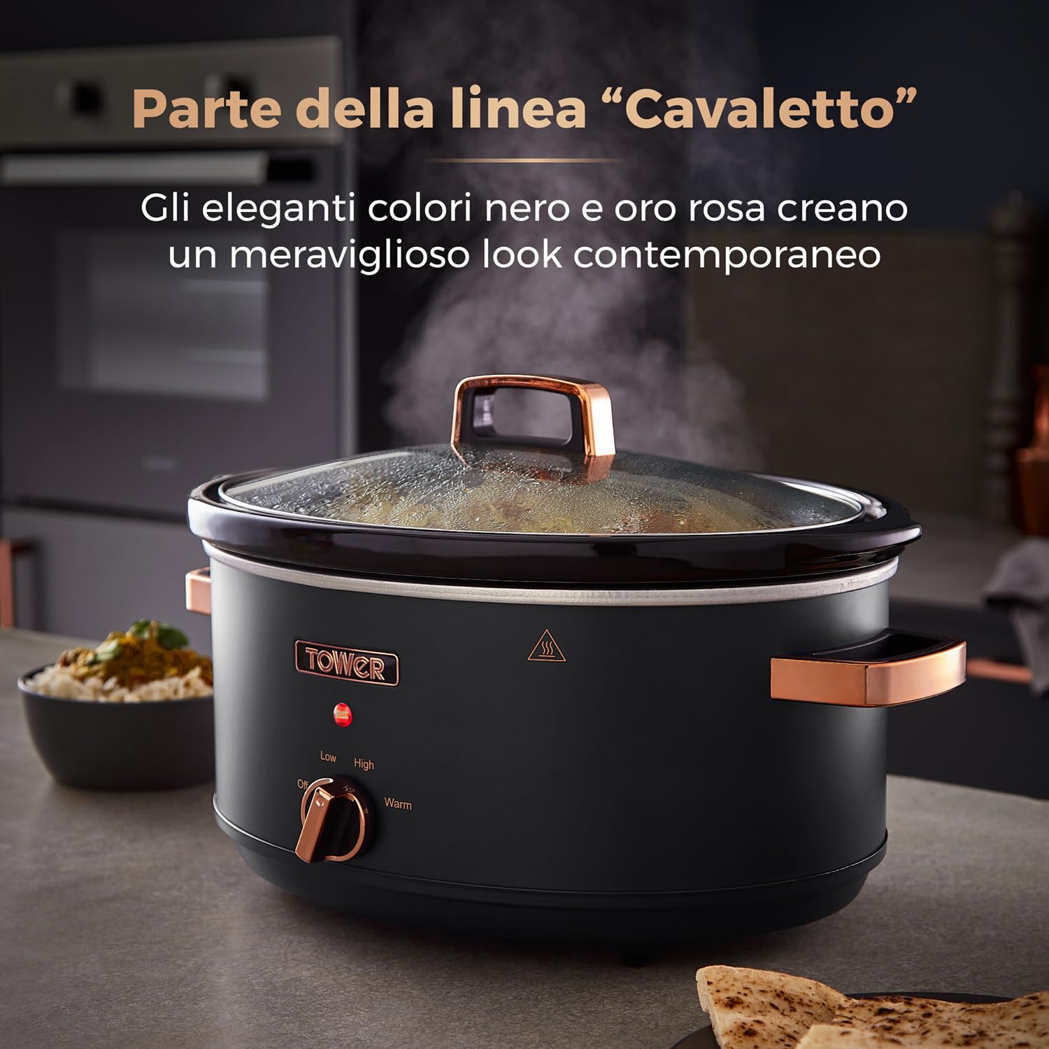 Tower T16043BLK Slow Cooker Cavaletto da 6,5 Litri con 3 Impostazioni di Calore, Manici Cool Touch, Elettrodomestici Cucina, Nero e Oro Rosa