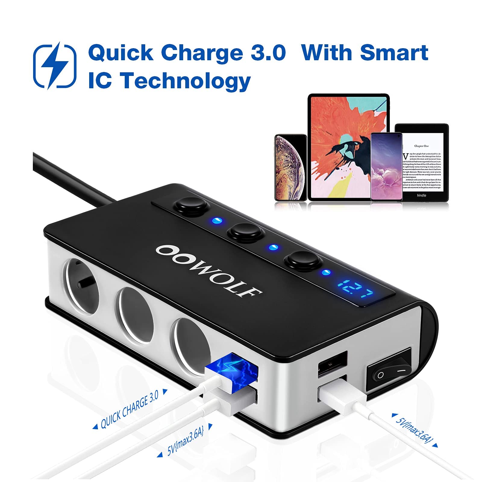 OOWOLF Zigarettenanzünder Verteiler, QC 3.0 180W 12V/24V, Adapter Auto Ladegerät, 3 DC Steckdose Splitter 4 USB Anschlüsse KFZ Verteiler für Smartphone, Tablet, GPS, Navi