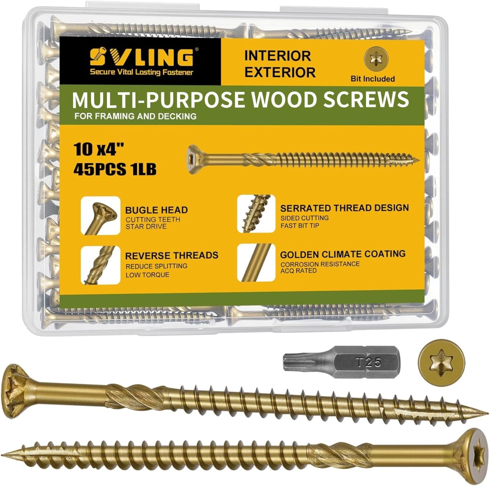 #10 x 4 Multi-Purpose Wood Deck Screw for Interior and Exterior,Bugle Head Golden Coated with T25 Bit Star Drive Torx Furniture Building/Fence/Decking (1LBS)