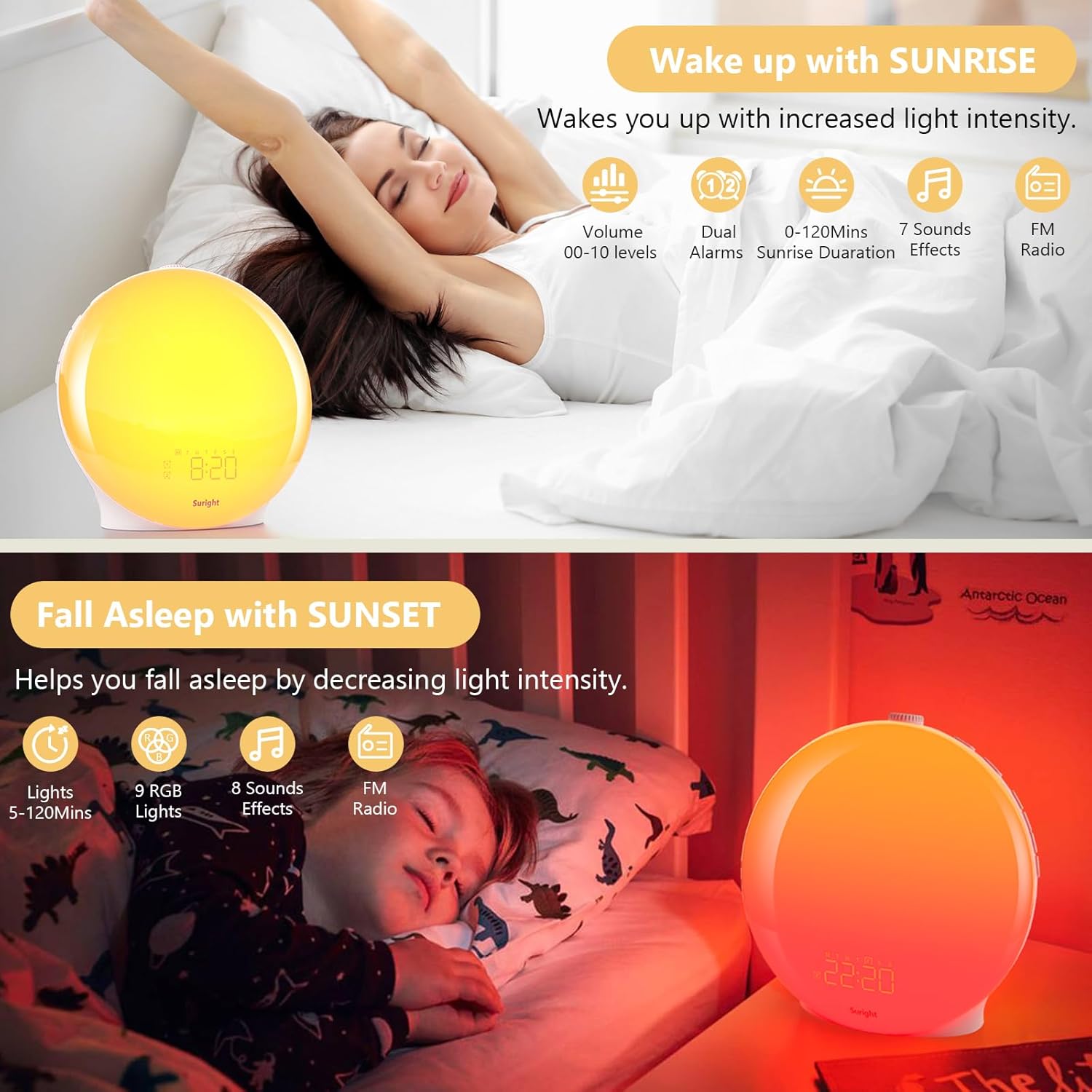 Suright Wake Up Light demonstrating sunrise and sunset simulations