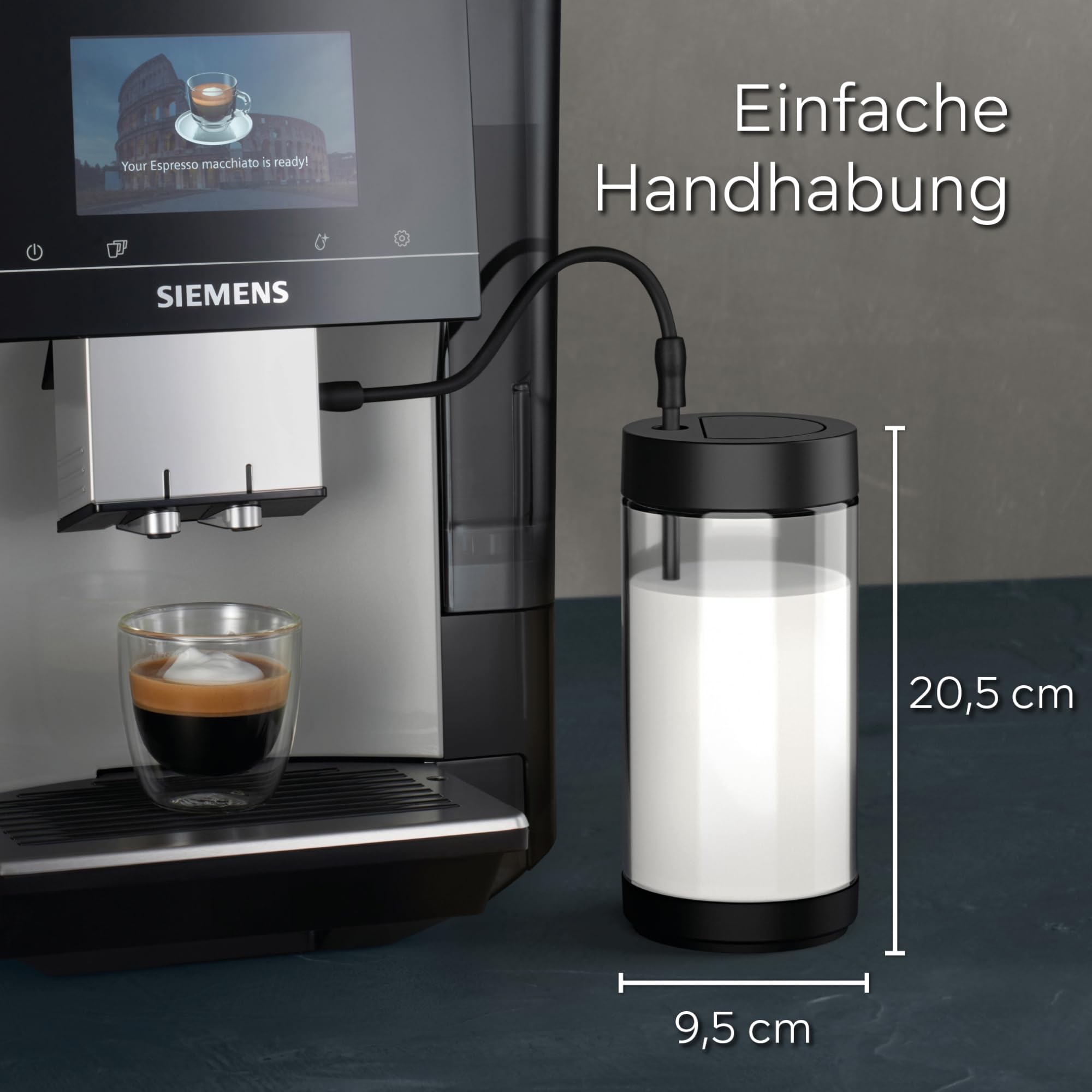 Siemens Milchbehälter aus Glas, TZ80008, spülmaschinengeeignet, 0,7 Liter passend für Kaffeevollautomaten EQ6 plus, EQ500 classic, EQ700 classic