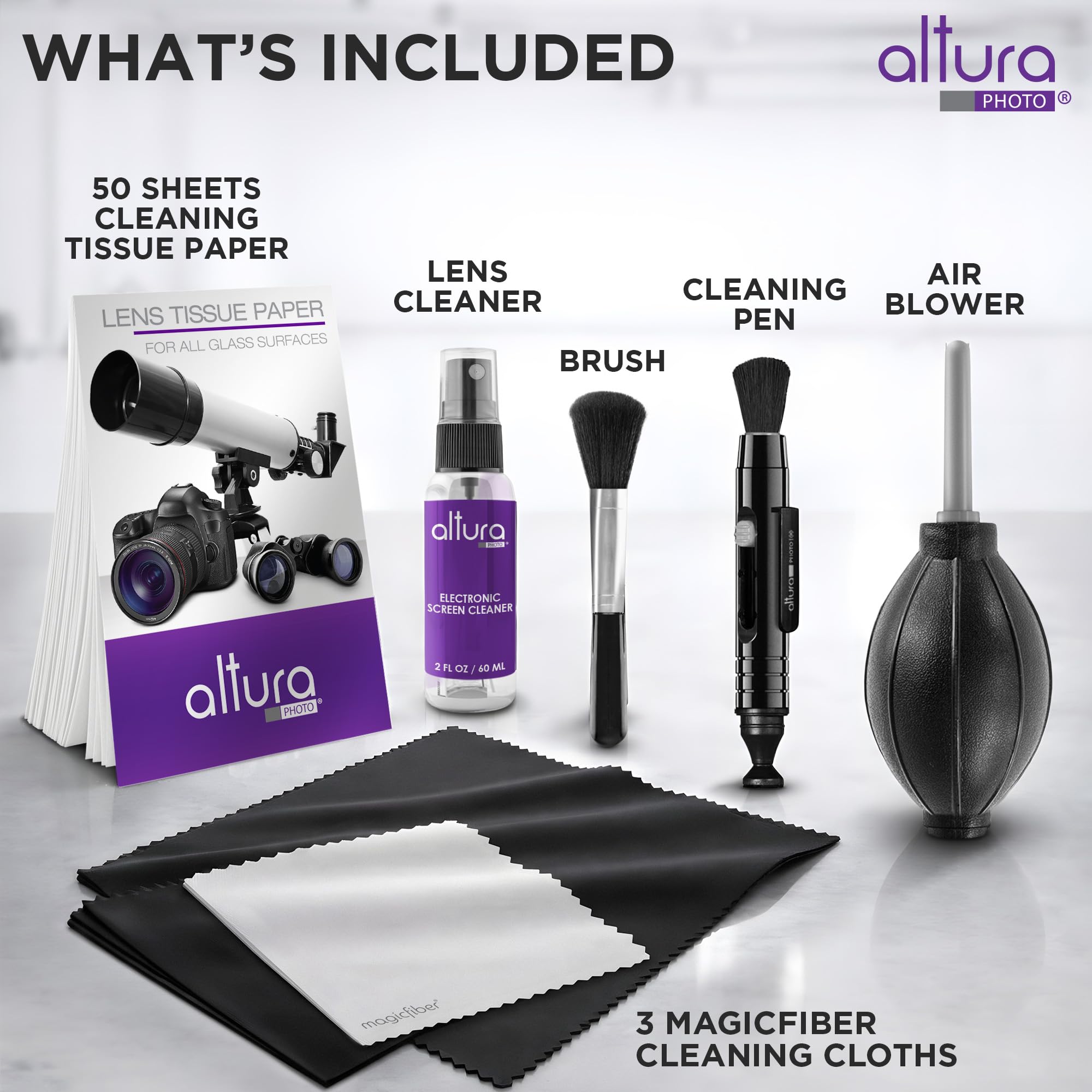 Reinigungsset, w/ 2 oz. Altura Photo Cleaning Solution | Hält Ausrüstung fleckenlos und kratzfrei, inklusive Reiniger, Tupfer, Stift, Gebläse, Bürste, Tuch und Hartschalenkoffer