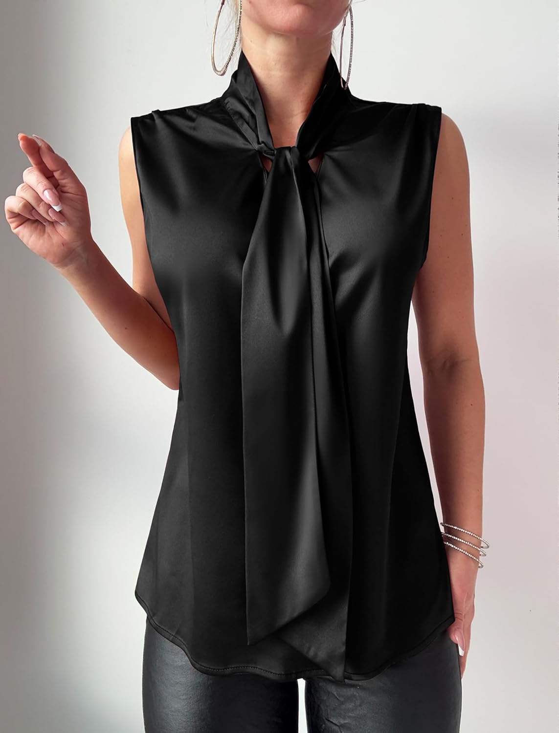 ZAFUL Women's Silk Satin Tank Top Mock Neck Bow Tie Knot Sleeveless Blouse Summer Basic Casual Shirt - Image 3