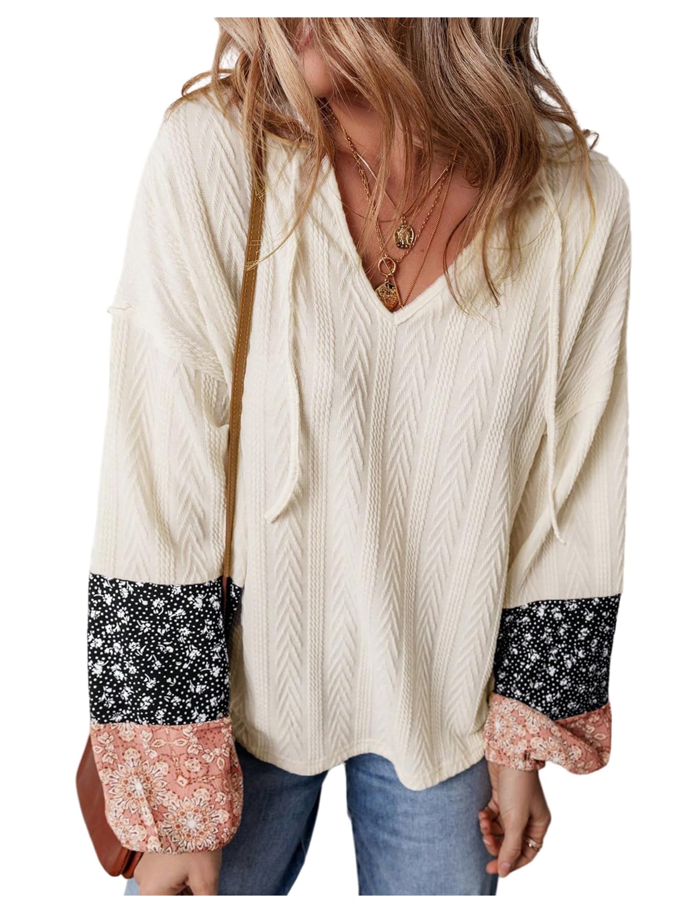 Milumia Womens Floral Patchwork Sweater Textured Cable Knit Long Sleeve Loose Pullover Sweaters
