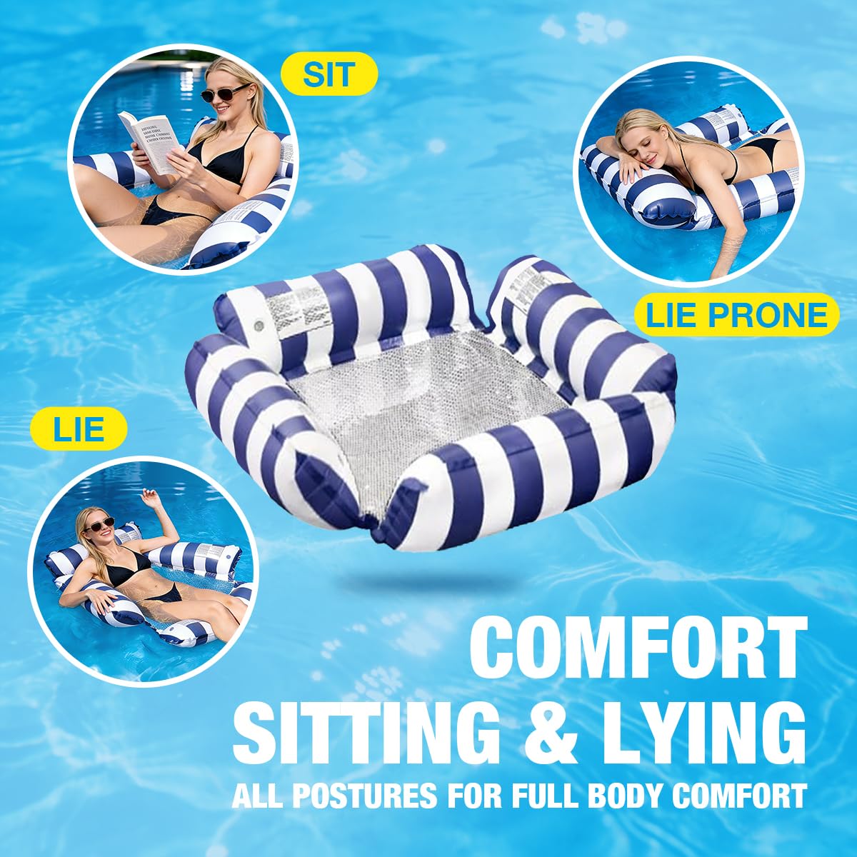 Amaca Galleggiante per Piscina e Mare, Materassino Gonfiabile per Adulti con Rete, Poltrona e Tubo Galleggiante, Set da 2 Pezzi con 4 Camere d'Aria per Spiaggia, Blu e Arancione
