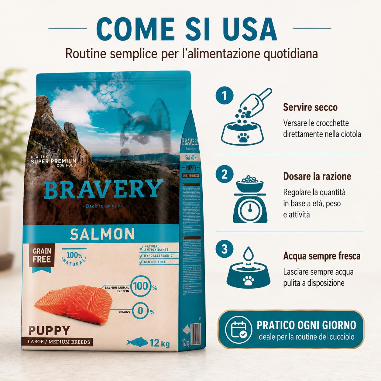 Bravery Puppy Crocchette Cane Cucciolo Medium Large 12 kg con Salmone, Mangime Secco Grain Free per Cuccioli Taglia Media e Grande, Alimento Naturale per Crescita