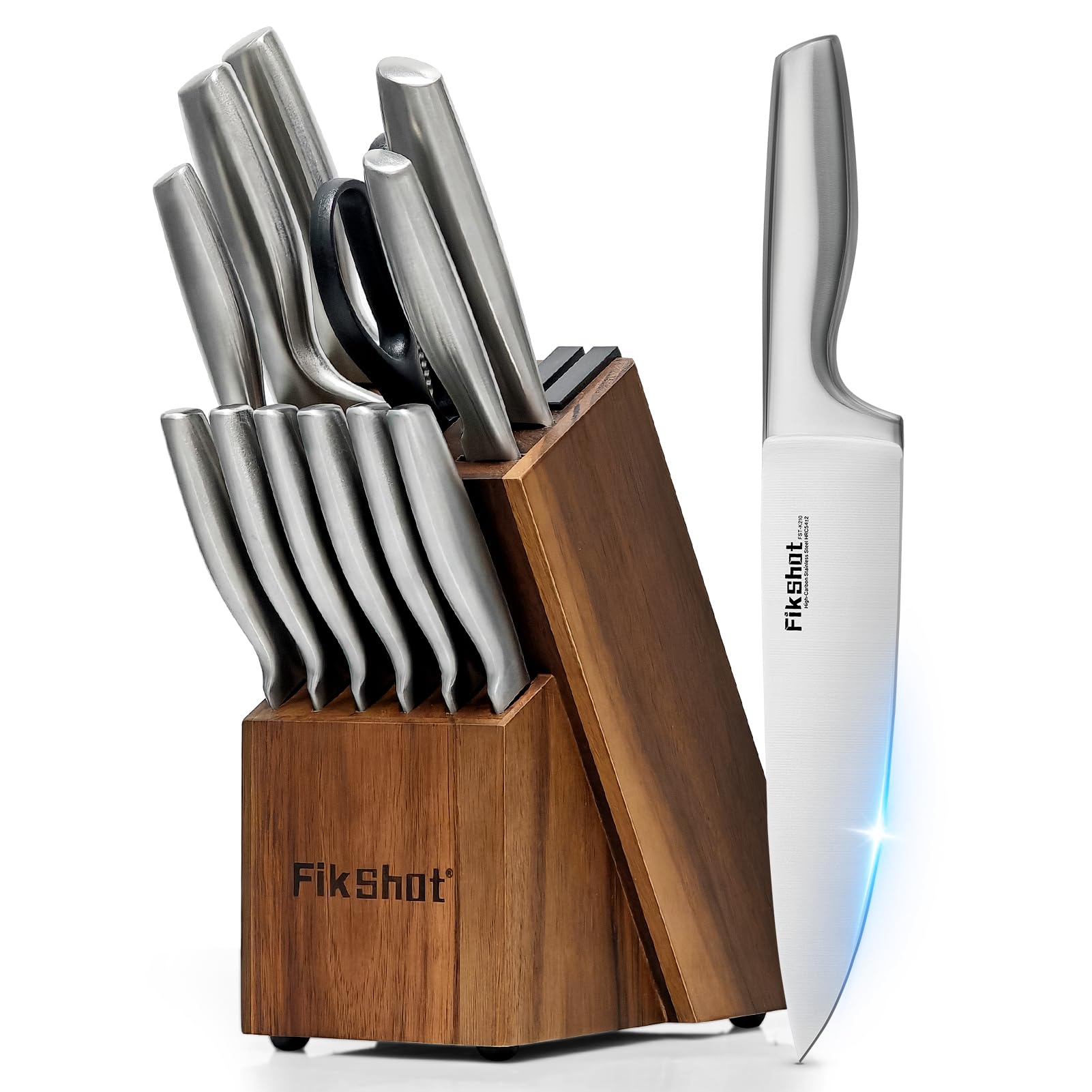 FikShot 14PCS Knife Set with Block &amp; Sharpener, Premium Full Tang Forged
