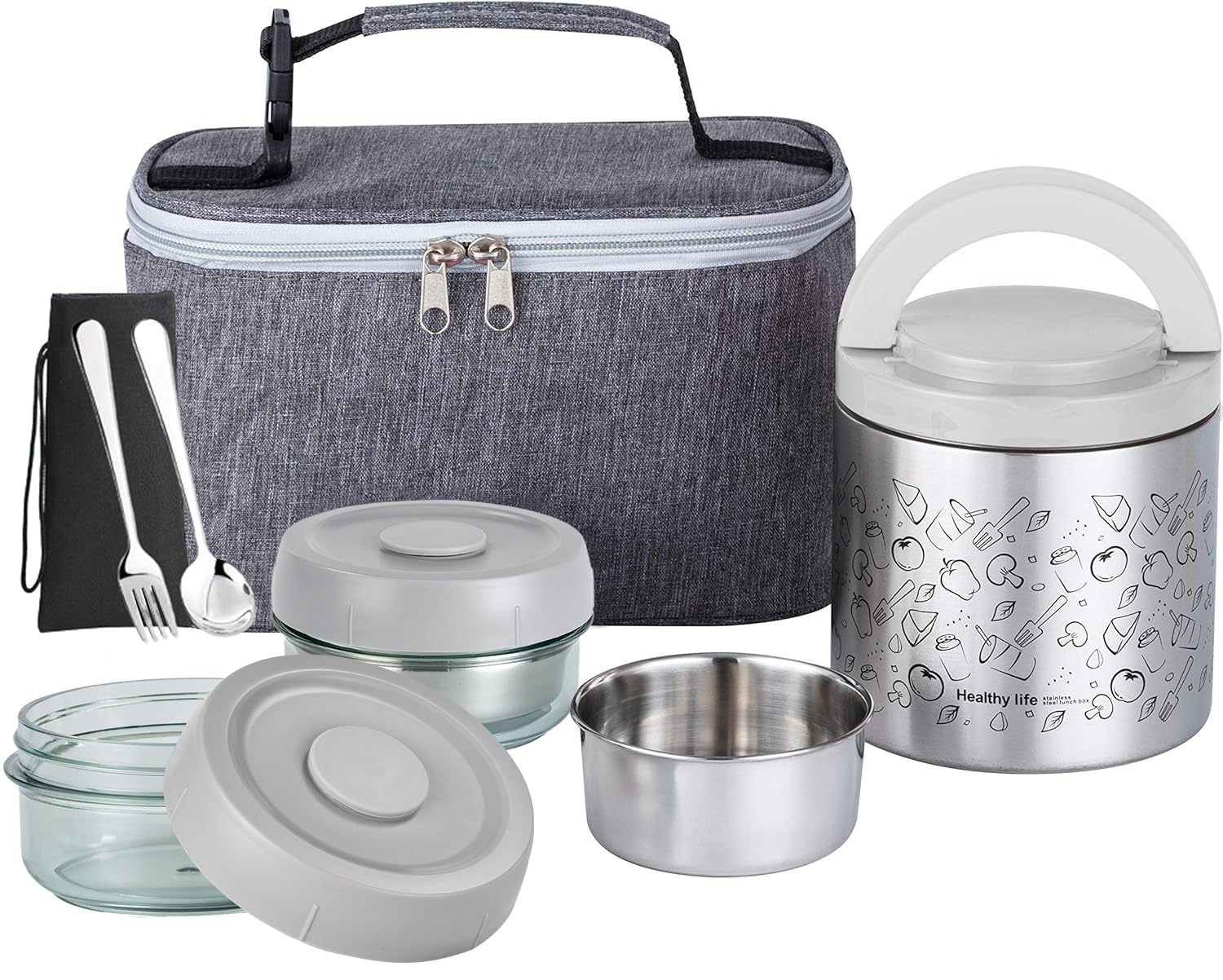 Lille Home 1065ml Lunch Box Set, an Vacuum Insulated Bento/Snack Box Keeping Food Warm for 3-4 Hours, Two BPA-Free Food Containers, A Lunch Bag, A Portable Cutlery Set (Grey)