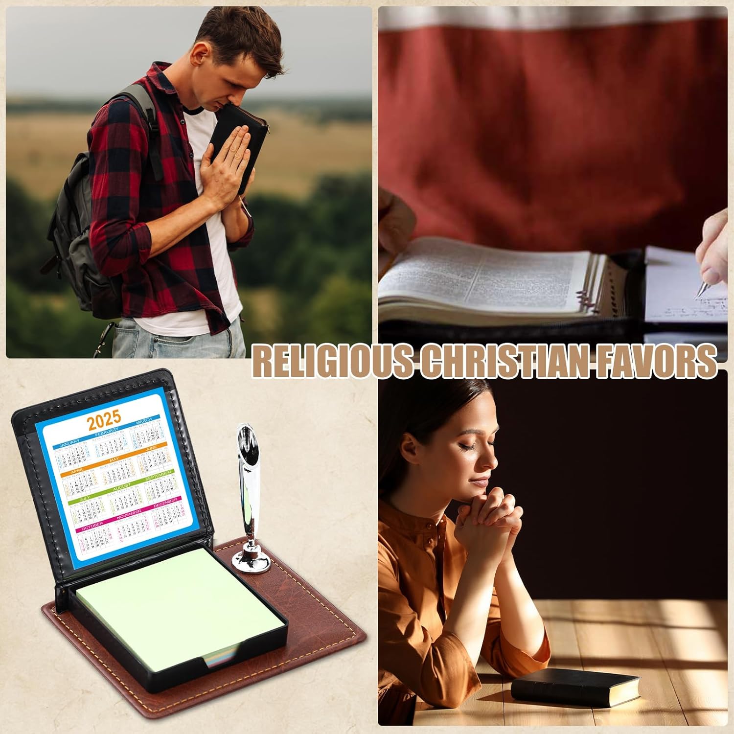 Spakon 6 Set Fathers Day Christian Gifts Bible Verse Sticky Note Holder for Inspirational Church Gifts PU Leather Box with Pen Holder for Church Religious Gift Mother Dad Women Men (Mixing Colors)