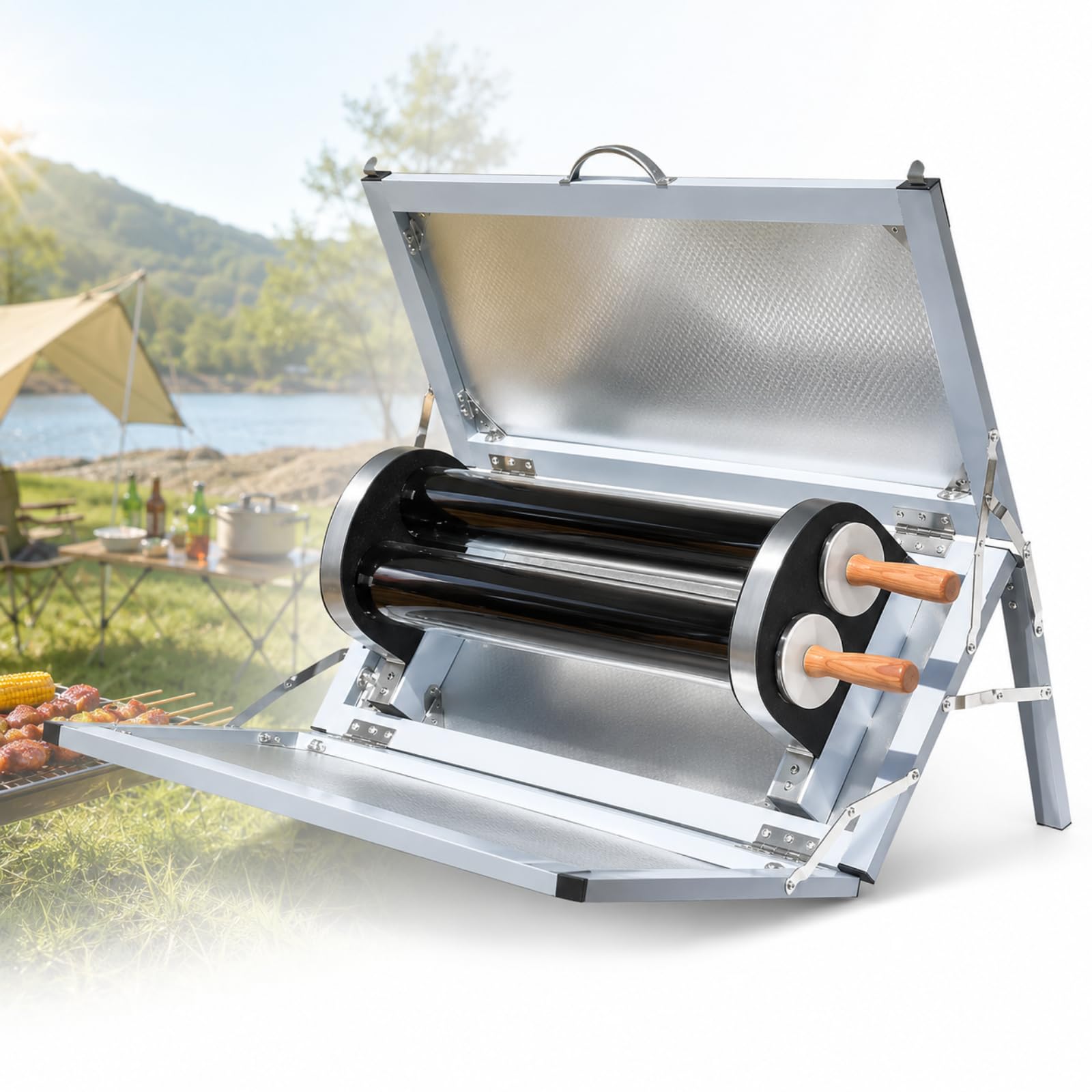 Przenośny czajnik słoneczny, składany grill solarny ze stali nierdzewnej, do 371°C, koncentrujące się panele zapewniają większe wchłanianie ciepła, idealny na kemping, do gotowania na świeżym