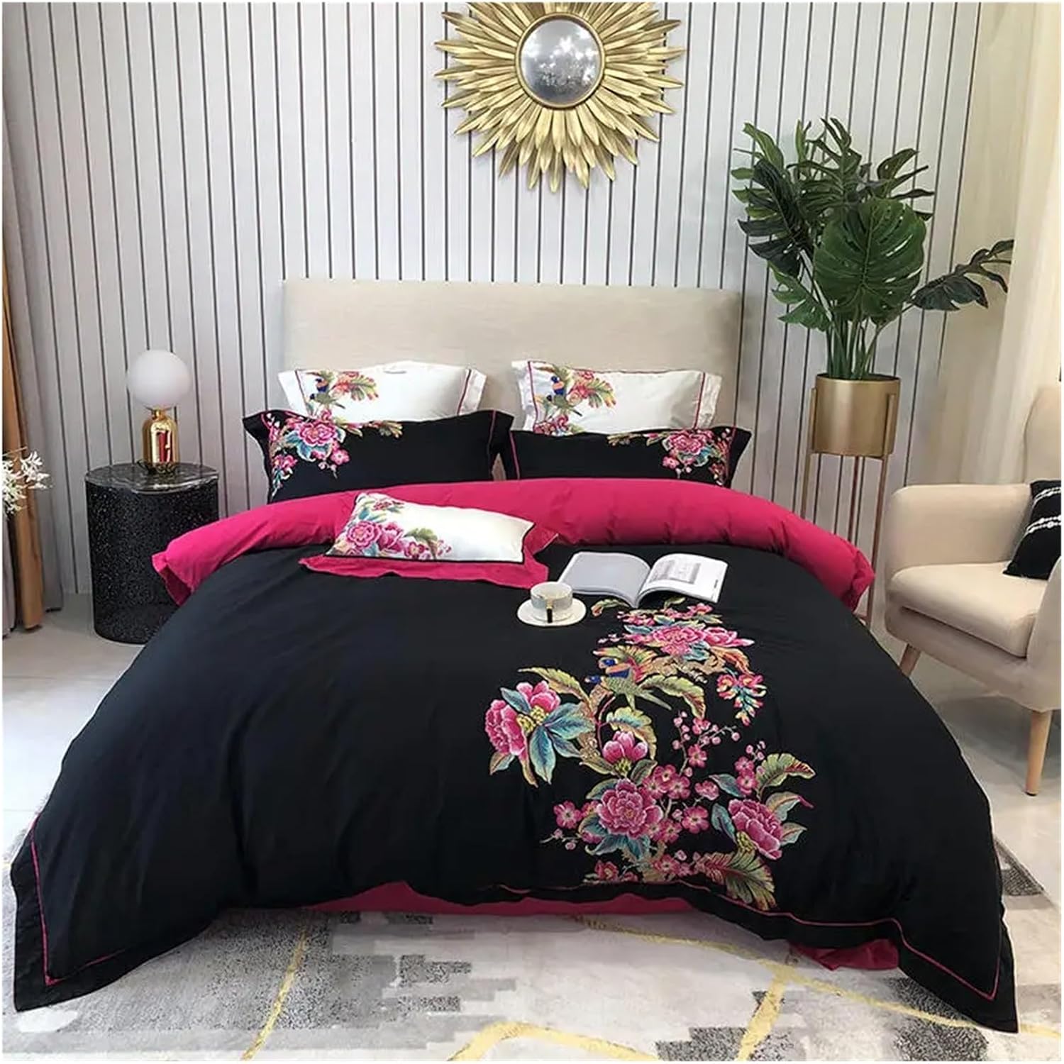 Luxury Embroidery Bedding Set King Queen Size Bed Linen Black Egyptian Cotton Duvet Cover Flat Sheet Pillowcases 4pcs,Bed