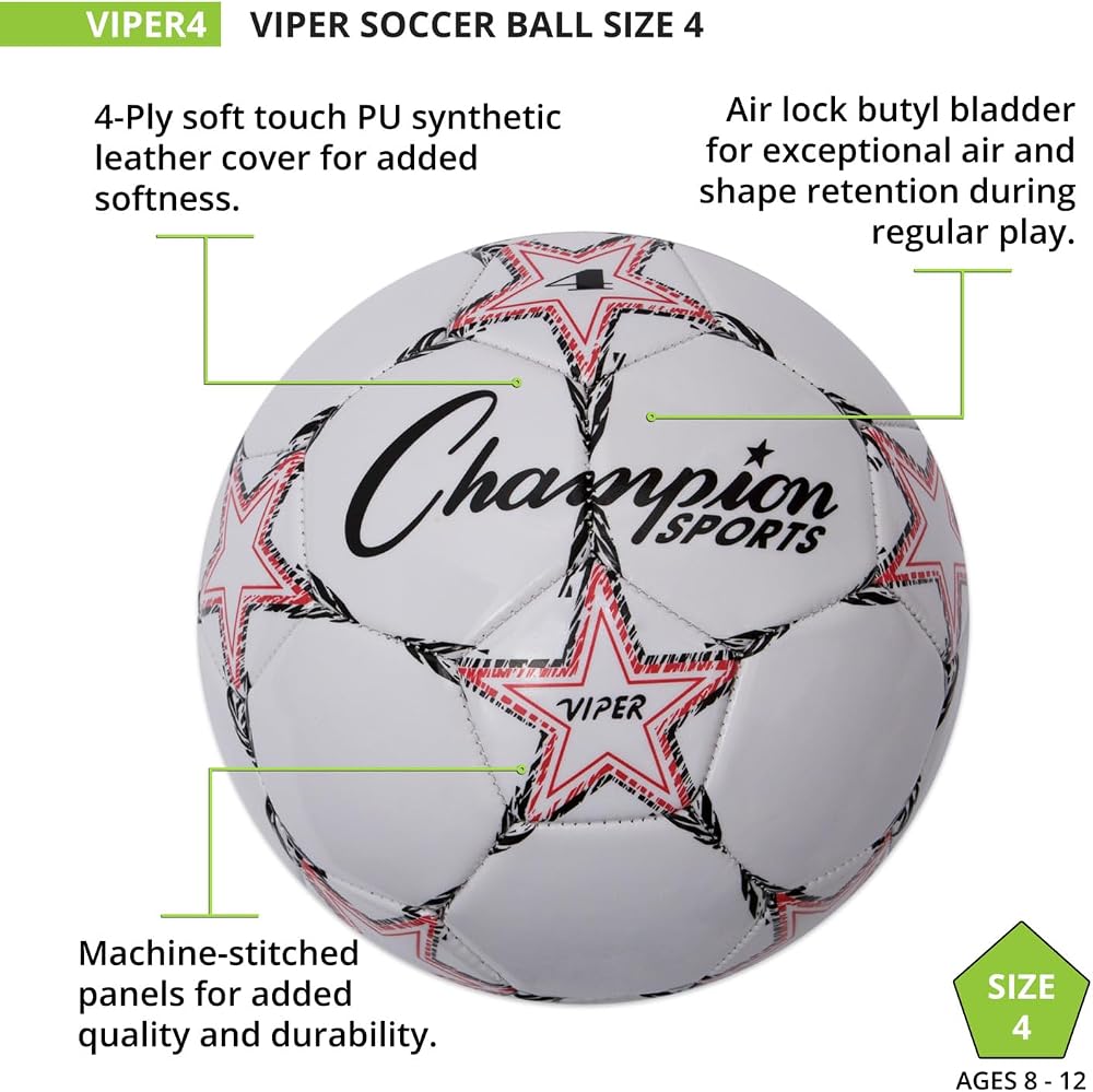Champion Sports Viper Soccer Ball – Sizes 3, 4, 5 – Soft Touch TPU Cover, Durable Butyl Bladder, Youth & Adult Training Ball for Indoor & Outdoor Play, Multi-Color Design