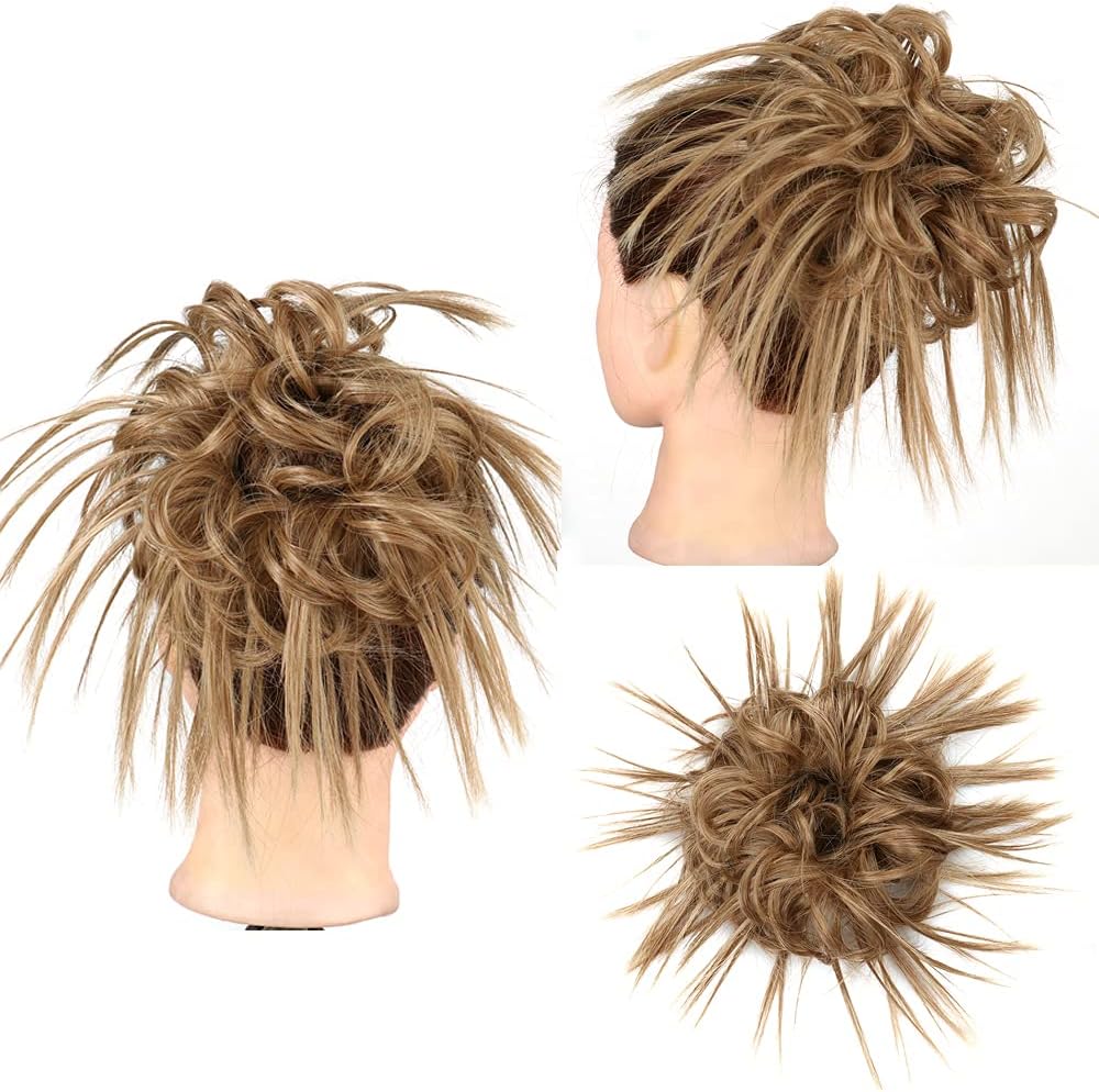 Messy Hair Bun for Women Chignons Synthetic Hair Extensions Wavy Donut Updo Scrunchy Curly Hairpieces (M12/24#/Light Brown & Ash Blonde)