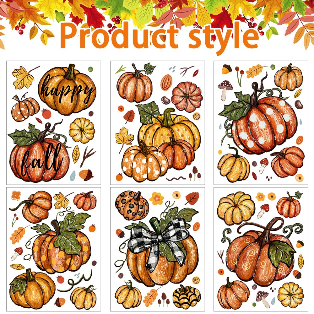 YUJUN 6 Sheets Thanksgiving Fall Window Clings,Pumpkin Maple Leaves Oil Painting Window Decals Stickers for Autumn Glass Home Decor and Thanksgiving Fall Window Decoration, YUJUN-US-TG047M1P1