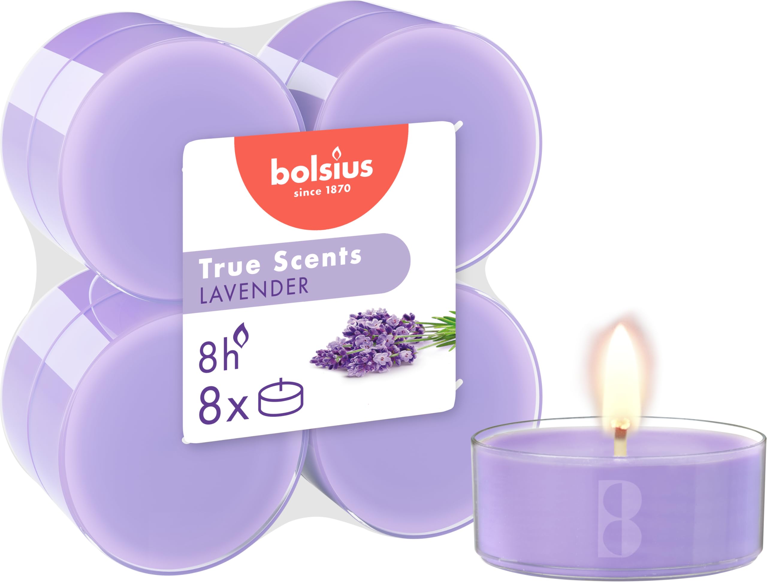 Bolsius Lavender - Maxi Fragrance Tealights - Pack Of 8 - Long Burning Time Of 8 Hours - Household Candle - Interior Decoration - Natural Extracts - Vegan Wax - No Palm Oil