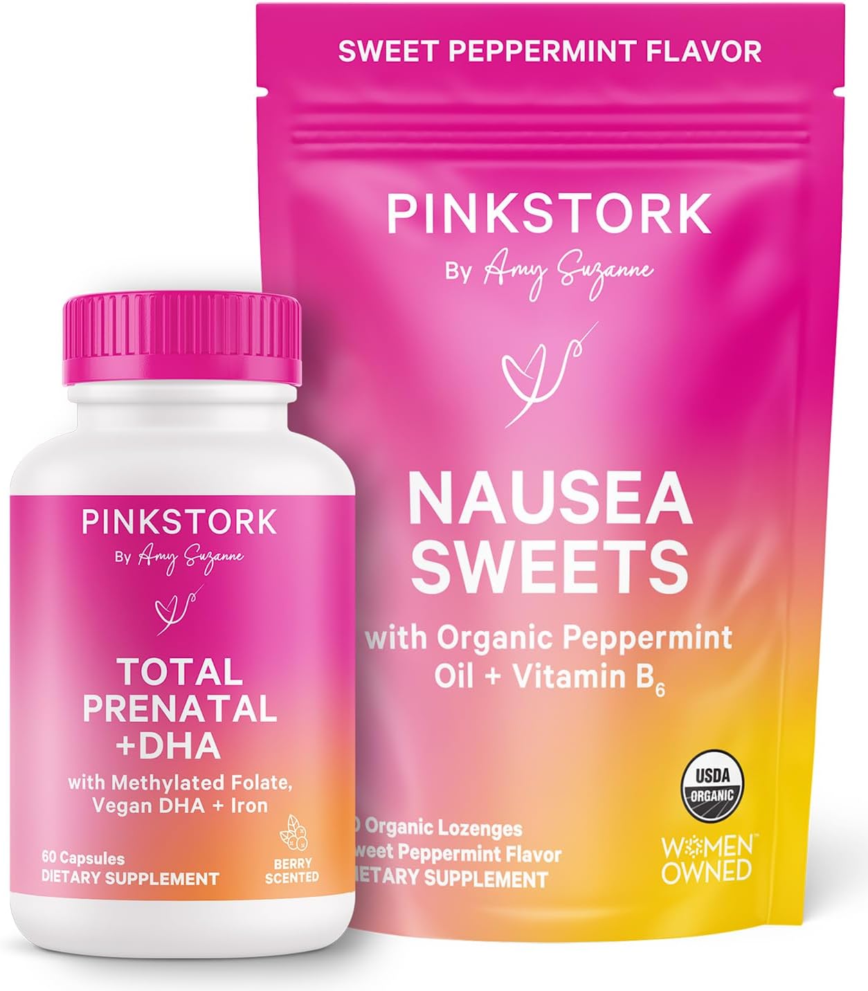 Pink Stork 1st Trimester Essential Duo - Prenatal Vitamins for Women + Organic Sweets for Women, Pregnancy Health, Morning Sickness, Digestion Support Bundle
