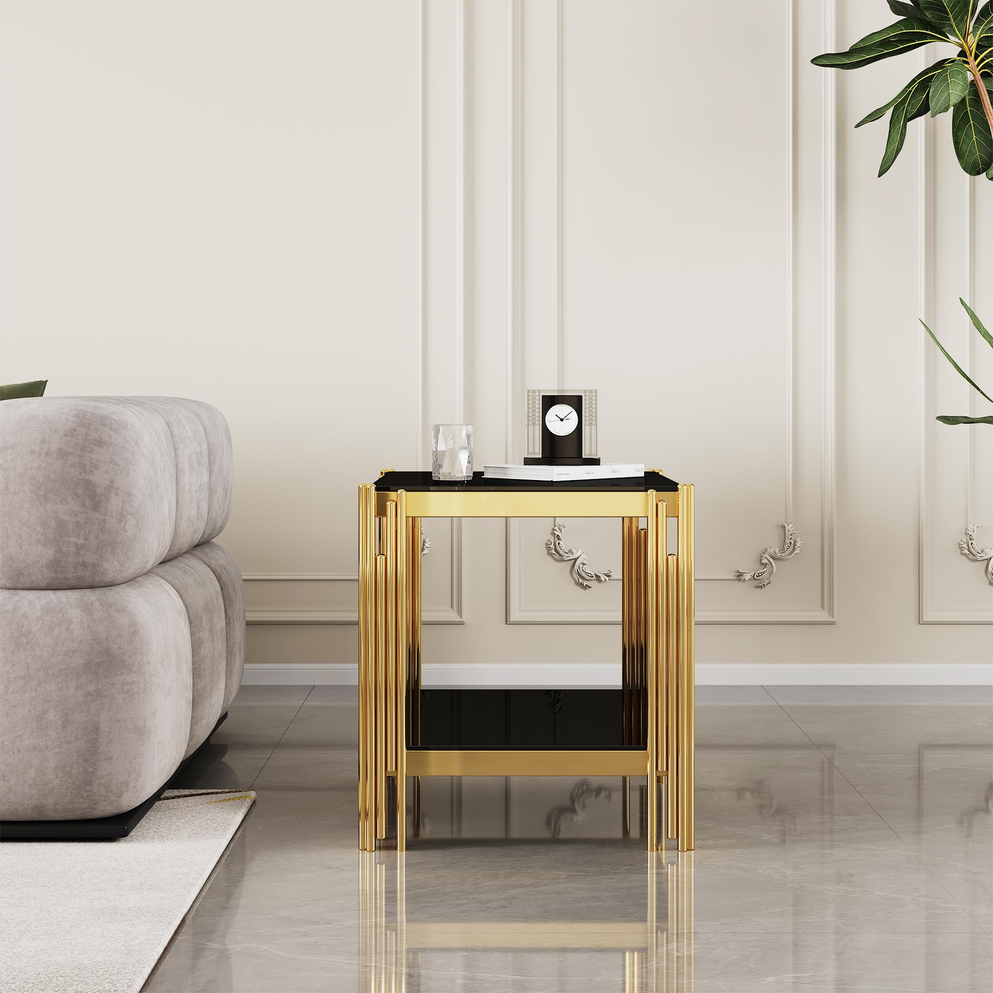 Square Glass End Table, Modern Glass Side Table w/2 Layer Tempered Glass Living Room Table and Mirror Finished Stainless Steel Frame for Living Room