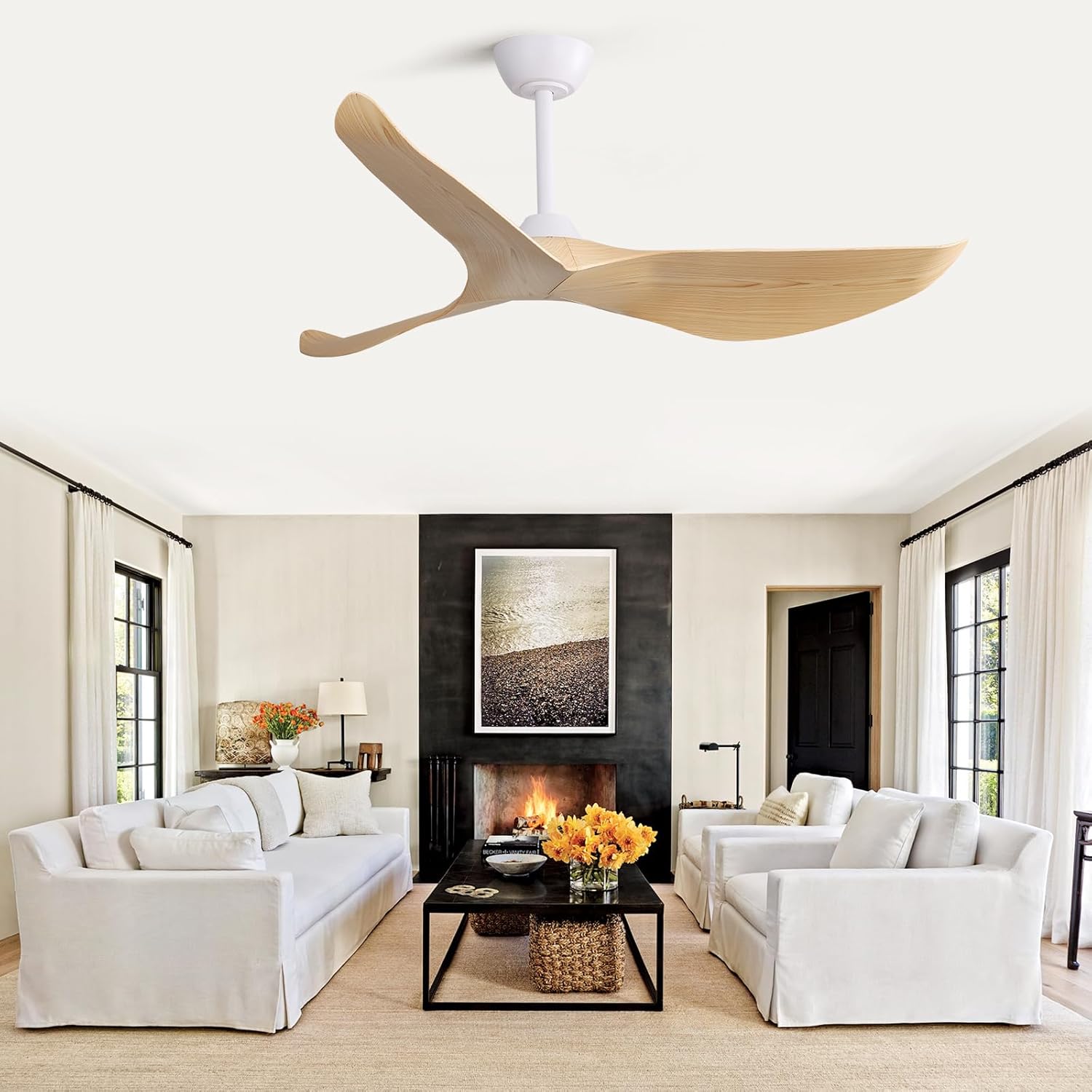 52" Modern Ceiling Fan with 5 Solid Wood Blades, 6 Speeds, Remote Control, 3 Color LED Change Light, Reversible DC Motor Ceiling Fan for Living Room, Dining Room White One Size