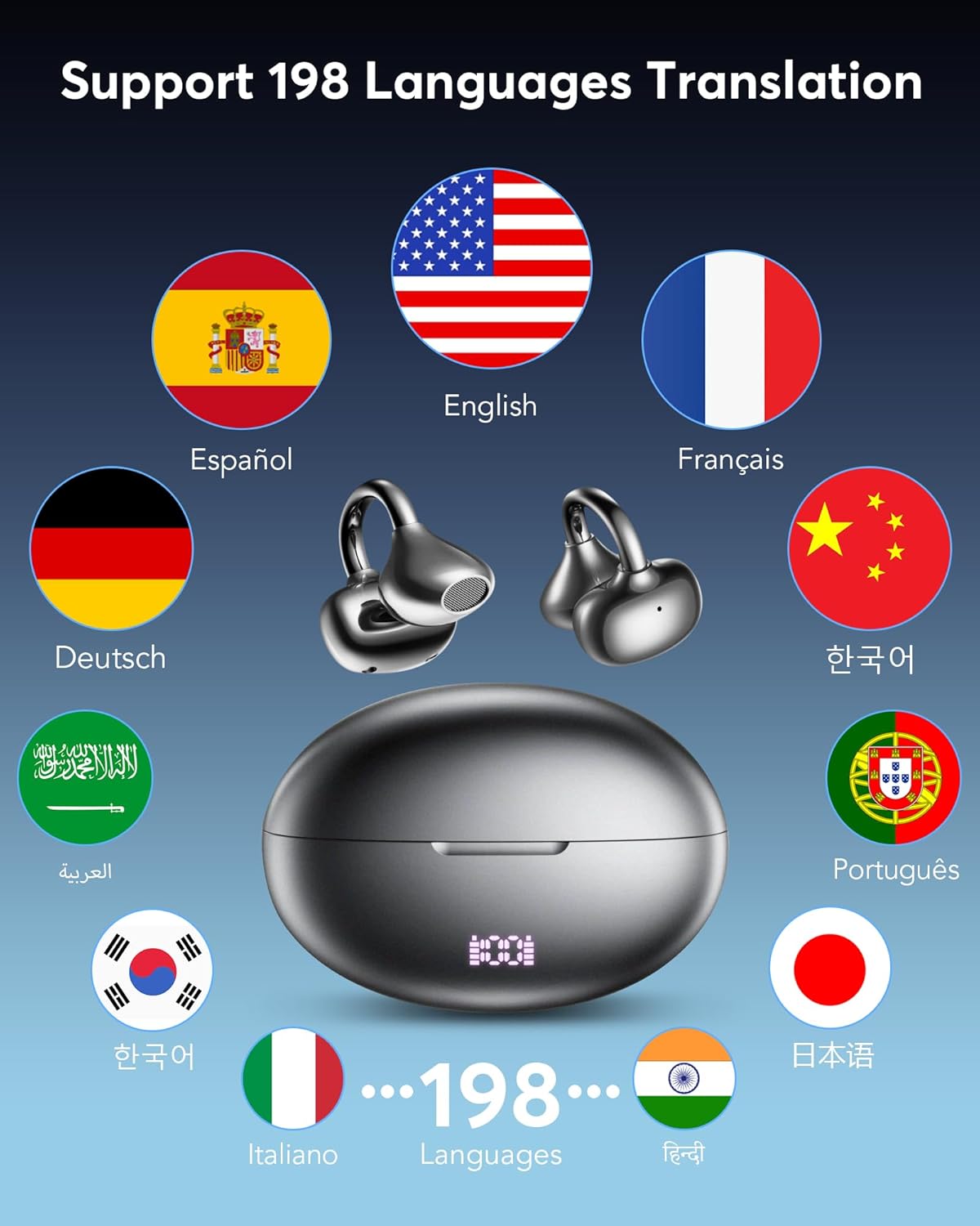 AI Translation Earbuds Real Time 198 Languages 80H Playtime Translator EarBuds Audifonos Traductores Inglés Español Wireless Earphones Bluetooth Headphones for Travel Business Meeting Learning Black - Image 2