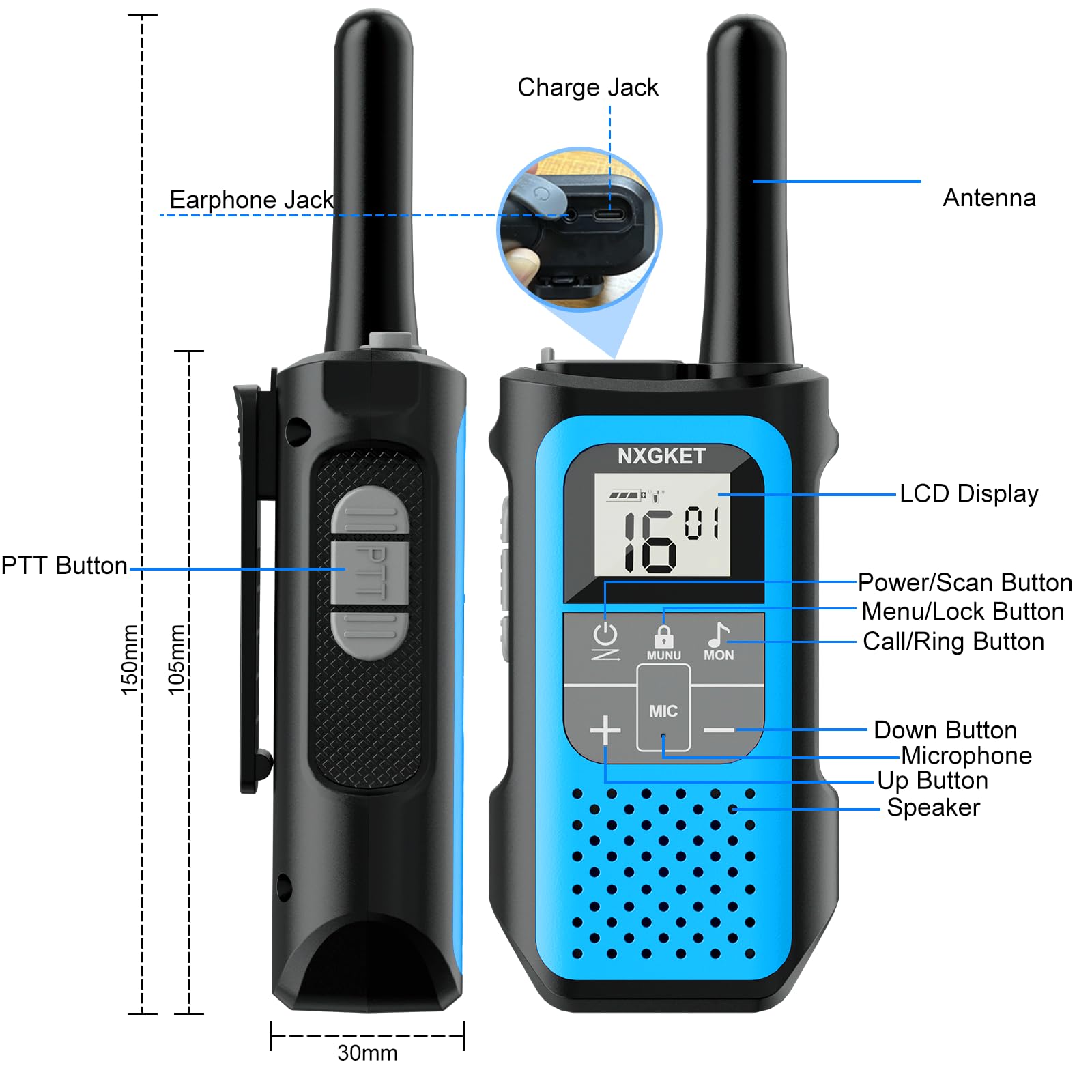 Walkie Talkie per Adulti Bambini, NXGKET Walky Talky Ricaricabile, Lungo Raggio Radio a 16 Canali con Batteria Agli ioni di Litio, Cavo USB-C, VOX per Campeggio e Escursionismo, Set da 2 Pezzi