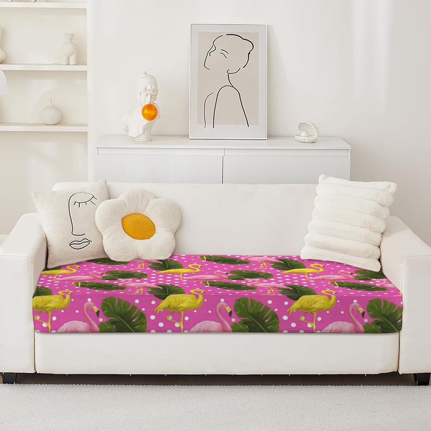 Tropical Flamingo Dots Loveseat Covers Couch Covers for 2 Cushion Couch, 2-Piece Stretch Sofa Slipcovers Anti-Slip Washable Furniture Protectors for Dogs Pets