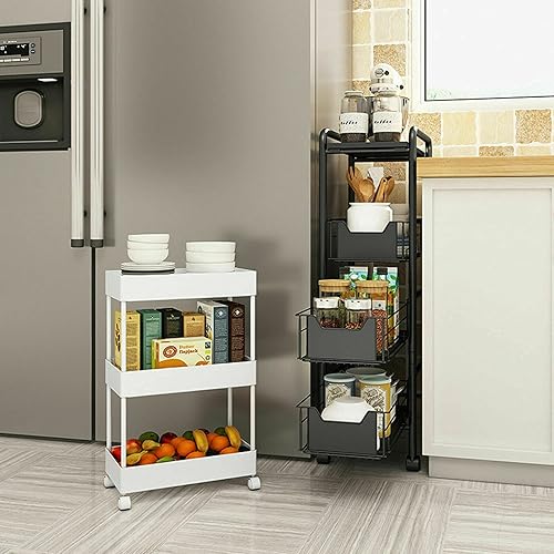 Miniatura 6 de Estante de almacenamiento de 4 niveles para cocina con ruedas, organizador de metal, carrito deslizante, cajón rodante, organizador de utilidad,