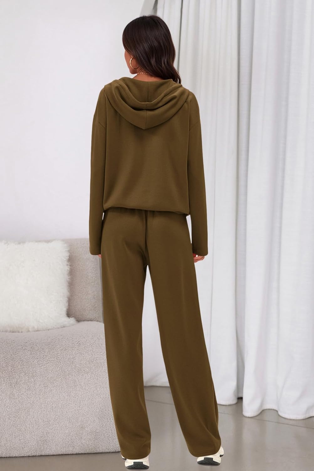 PRETTYGARDEN Womens 2 Piece Outfits Fall Sweatsuits Oversized V Neck Hoodie Wide Leg Sweatpants Travel Tracksuit Lounge Sets - Image 5