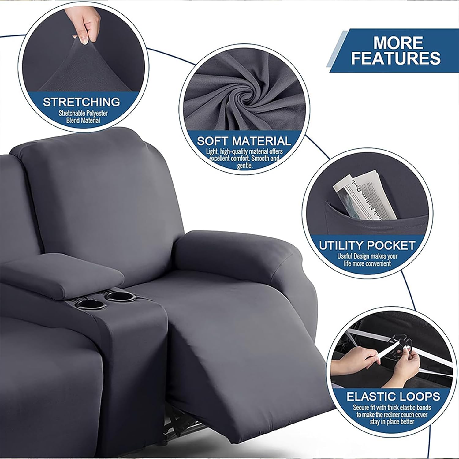 Reclining LoveSeat with Middle Console Slipcover,7Piece Milk Shreds Stretch Recliner Chair Covers/Loveseat Sofa Covers,Thick, Soft, Washable, Navy Blue