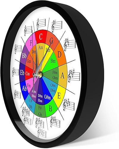 Miniatura 3 de Circle of Fifths Music Theory Cheat Sheet Reloj de pared colorido con marco de metal, rueda silenciosa de ecuaciones de armonía funciona con pilas,