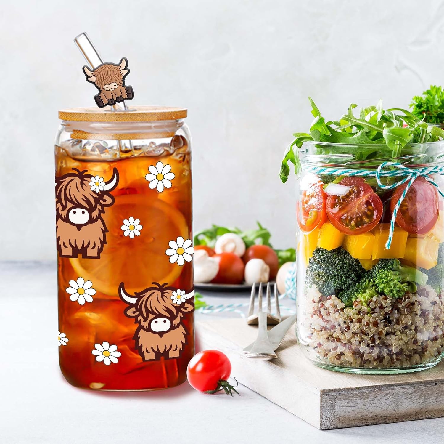 Highland Cows Gifts for Women Highland Cow Lovers Decor Print Stuff Coffee Cup with Cow Straw - Cute Coffee Cups/Tumbler Christmas Birthday Gifts for Women Girls, Glass Cup with Lid and Straw 16oz - Image 6