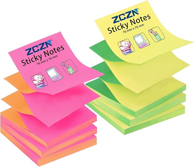 ZCZN Pop-up Notes, 4 Alternating Neon Colours Sticky Notes 76 x 76mm, 80 Sheets/Pad, 6 Pads/Pack (Green, Yellow, Rose Red, Orange)