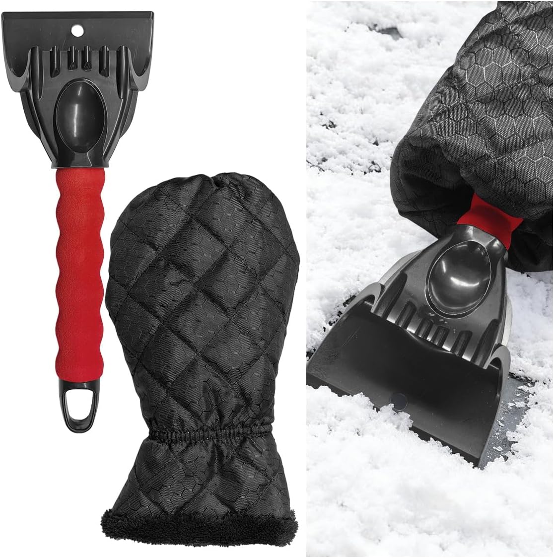 Ice Scraper with Glove, Automotive Windshield Snow Remover Brush with Waterproof & Windproof Lined Thickened Warm Mitt, Vehicle Window Cleaner Tool for RV, SUV, Truck (Black)