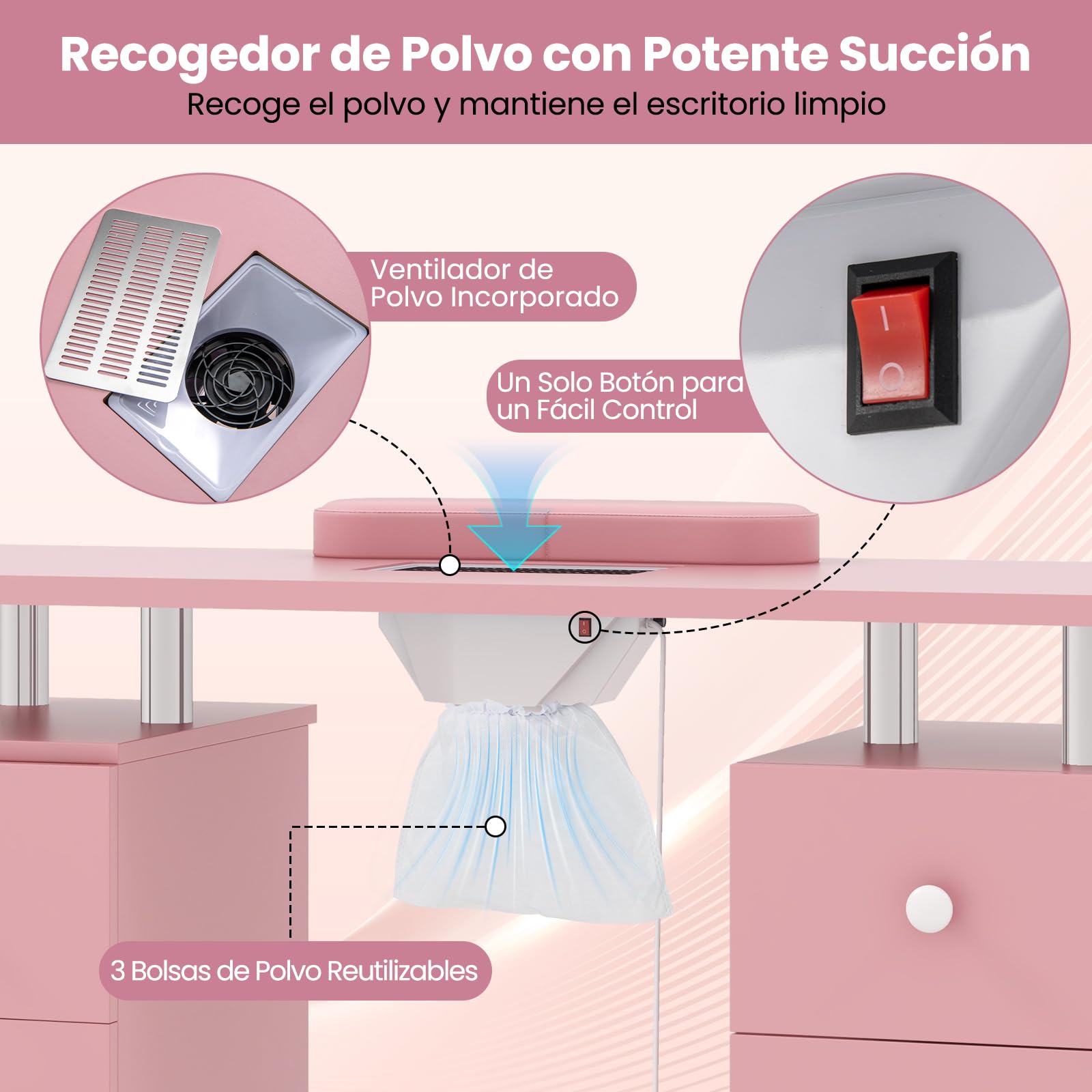 COSTWAY Mesa de Manicura con Aspirador Eléctrico, 3 Bolsas para Polvo, Reposamuñecas, 6 Cajones, Mesa para Uñas con 8 Ruedas, Mesa Manicura Profesional para Salones de Belleza, 108x45x76 cm (Rosa)