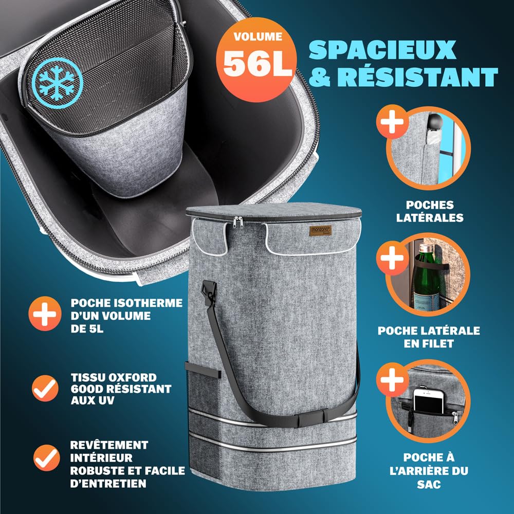 MONZANA® Chariot de courses gris 56 litres 3en1 pliable compartiment isotherme poignée réglable bandes réfléchissantes
