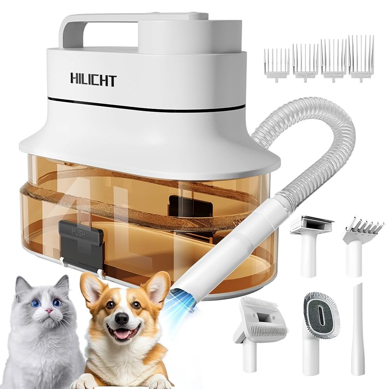 Máquina de Tosa Elétrica com Aspirador para Cães e Gatos HILICHT, Coletor de Pelos de 4 L e 6 Acessórios