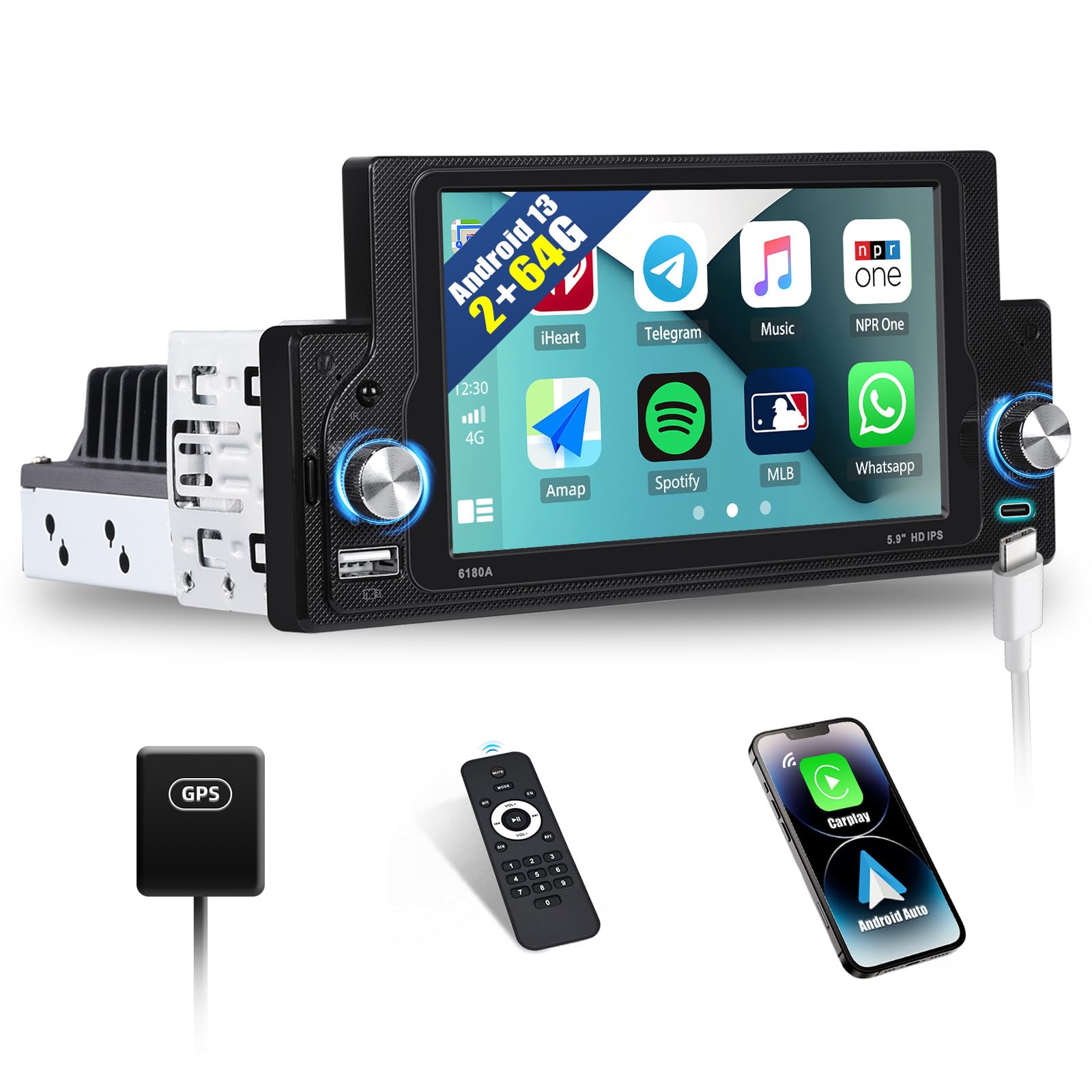[2+64G] SIXWIN Android 13 Radio samochodowe 1 Din z fizycznymi przyciskami, 5,9 cala pojemnościowy ekran dotykowy WiFi/GPS/FM/RDS/Bluetooth/SWC